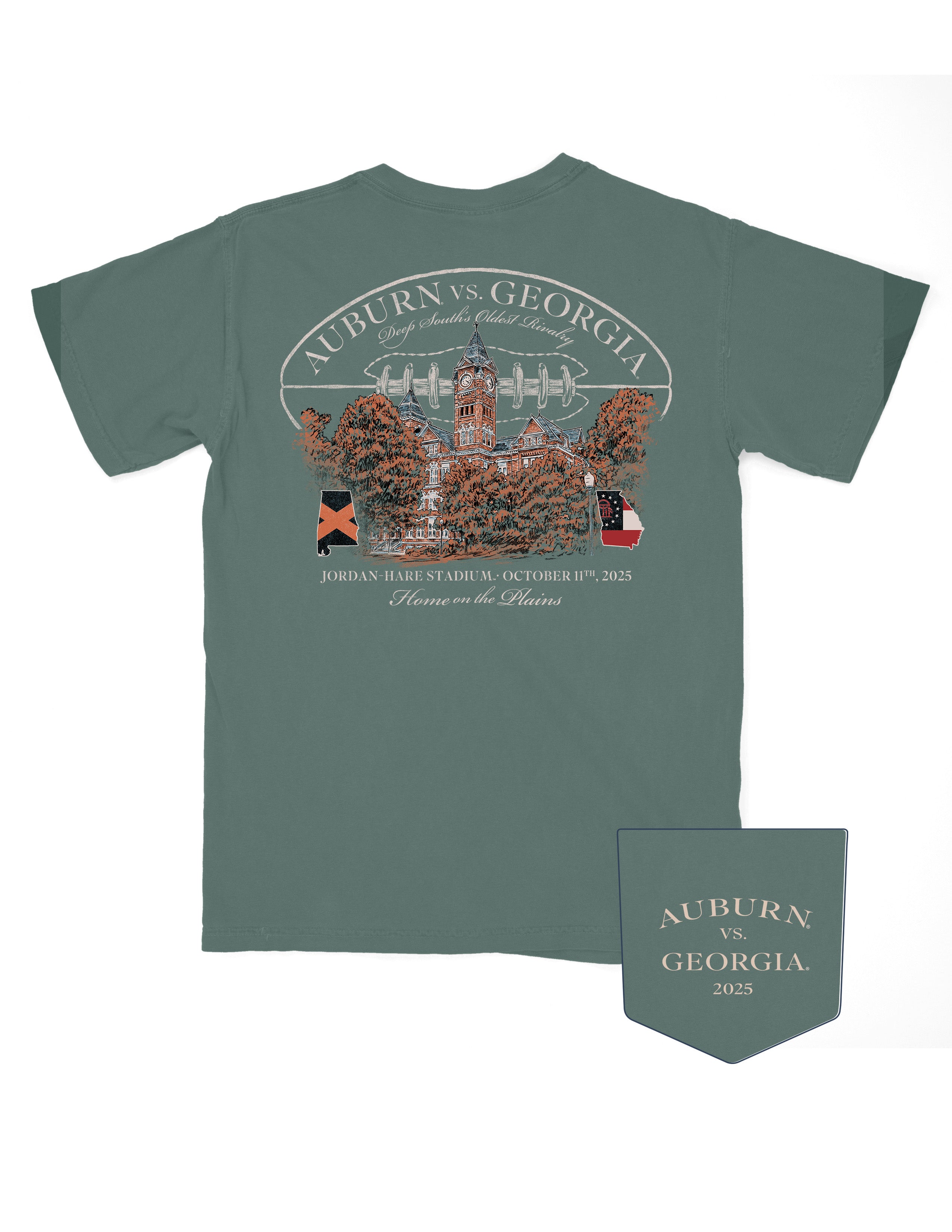 Auburn University Green Shirt with an illustration of Stamford Hall below text “Auburn vs. Georgia”