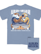 Auburn University Blue T-Shirt with an illustration of Aubie fighting with Truman over the Jordan-Hare stadium under White text “Auburn vs Missouri”