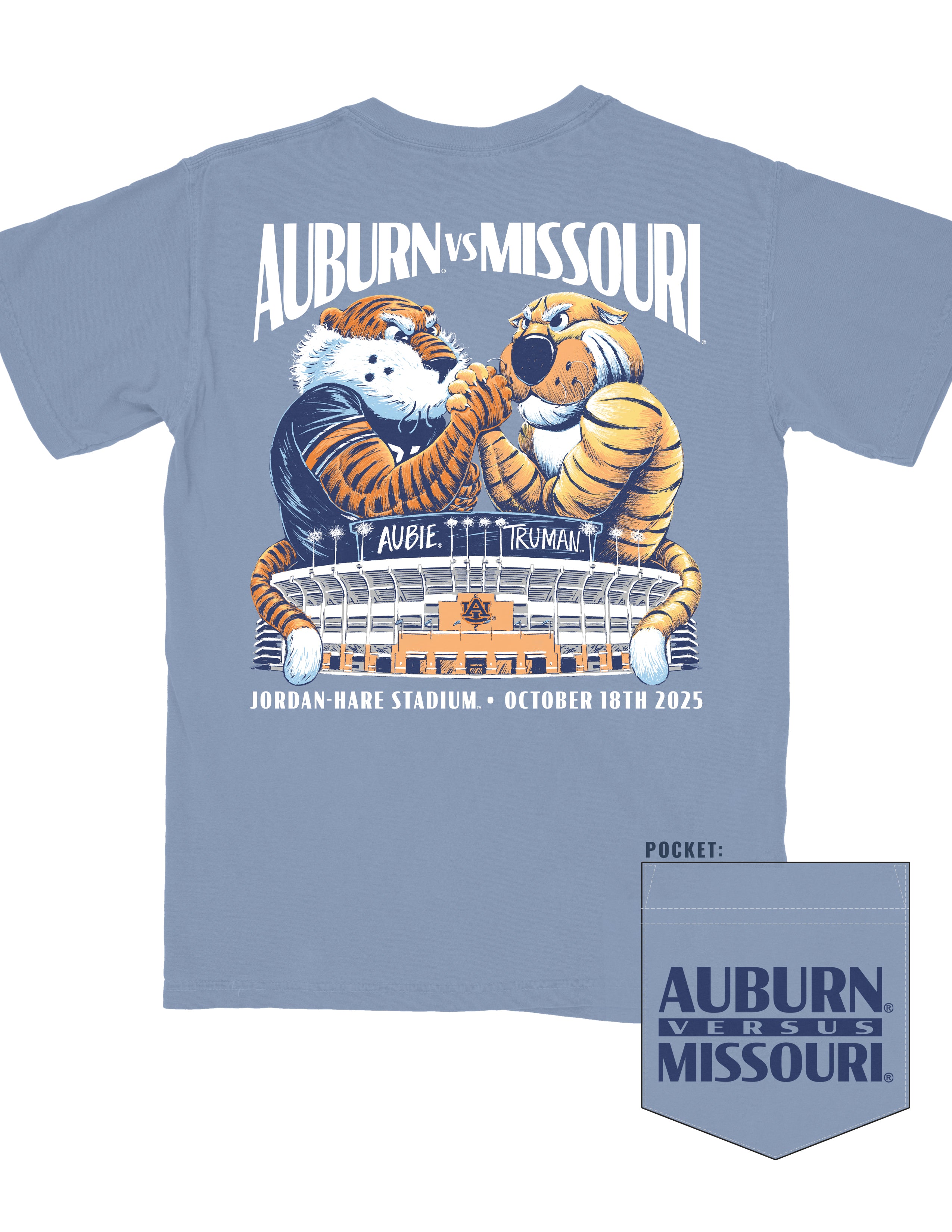 Auburn University Blue T-Shirt with an illustration of Aubie fighting with Truman over the Jordan-Hare stadium under White text “Auburn vs Missouri”