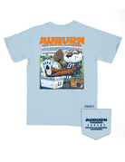 Auburn University Light Blue T-Shirt with an image of Aubie sitting outside the Jordan-Hare stadium