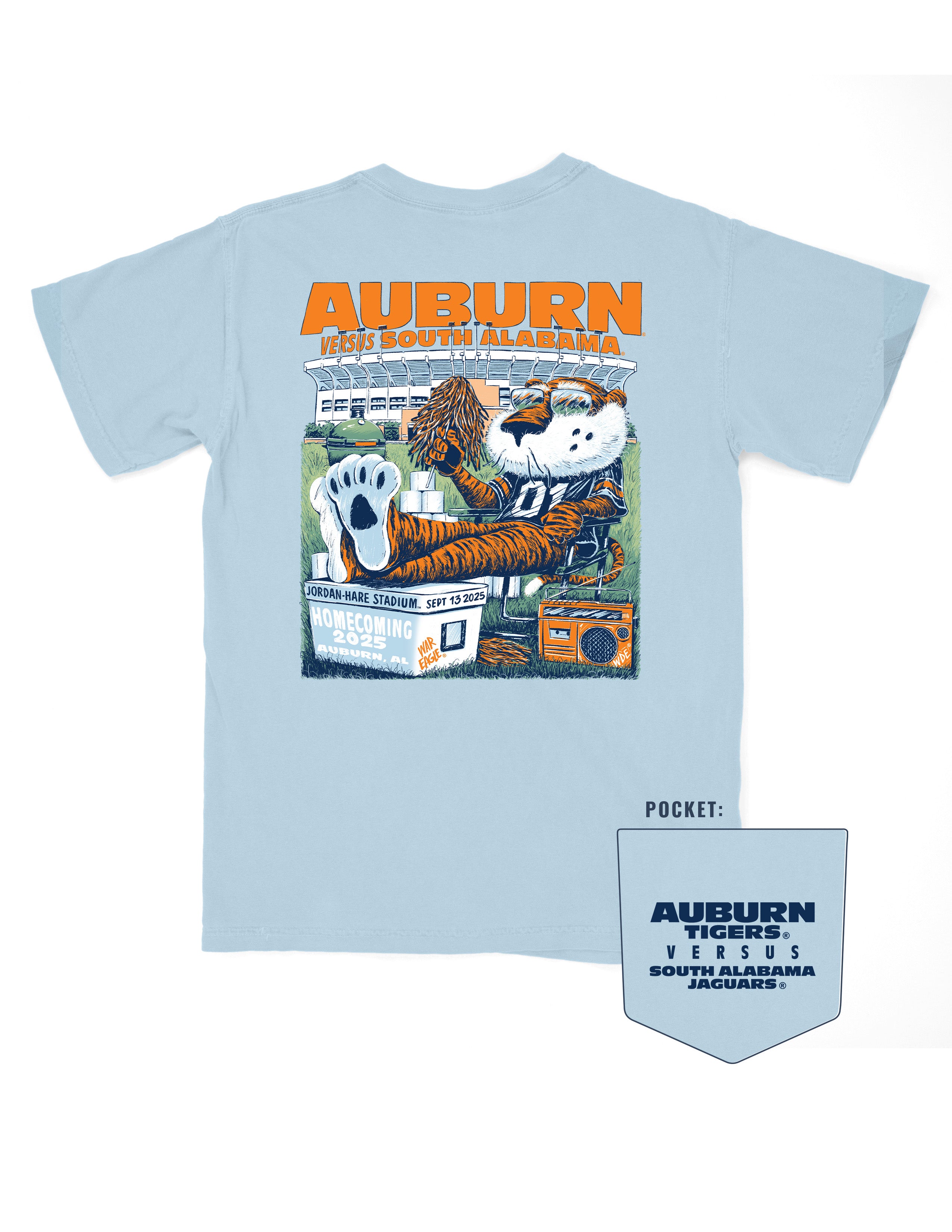 Auburn University Light Blue T-Shirt with an image of Aubie sitting outside the Jordan-Hare stadium
