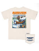 Auburn University Ivory T-Shirt with an image of Aubie sitting outside the Jordan-Hare stadium