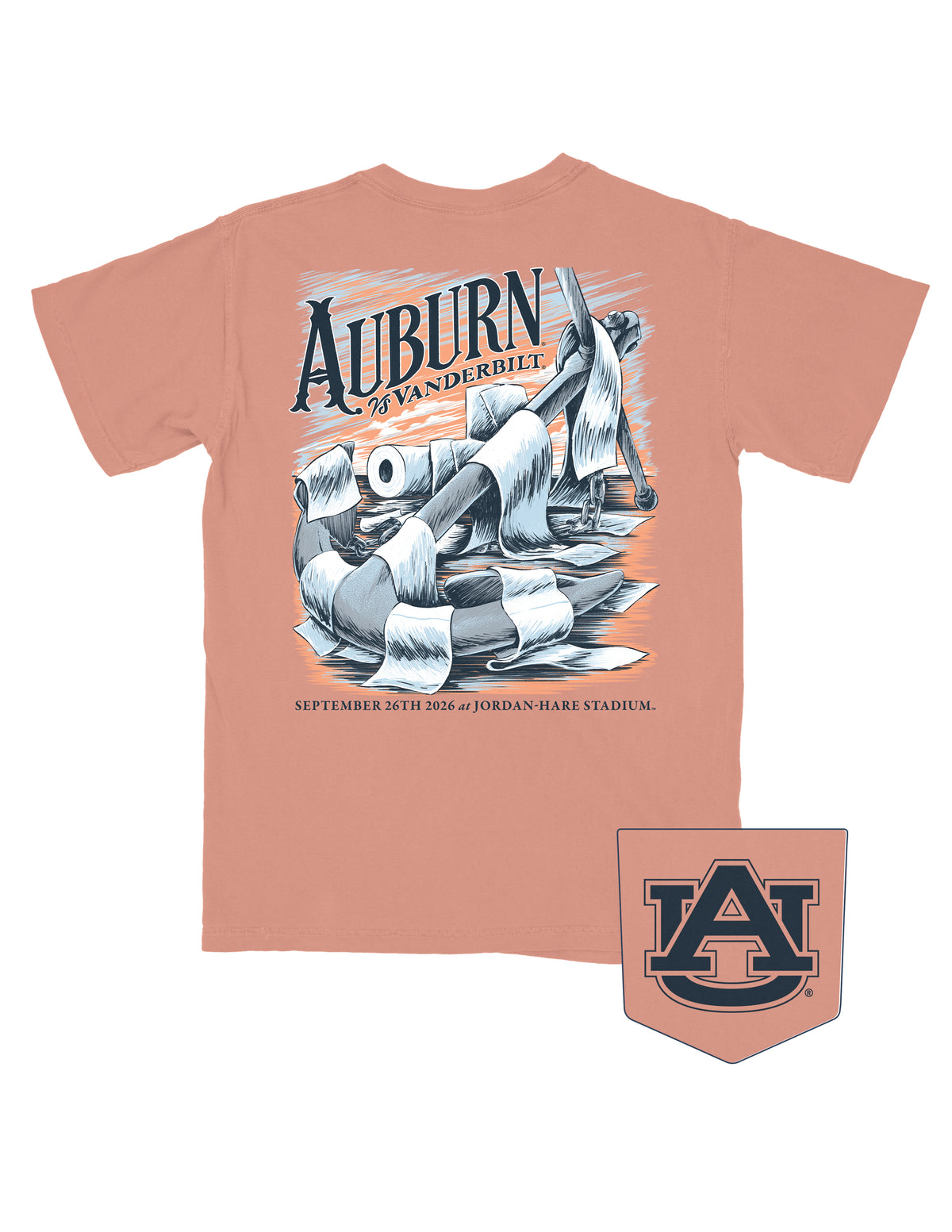 Auburn University Orange T-Shirt with an image of an anchor with toilet paper draped over it under Navy text “Auburn vs Vanderbilt”