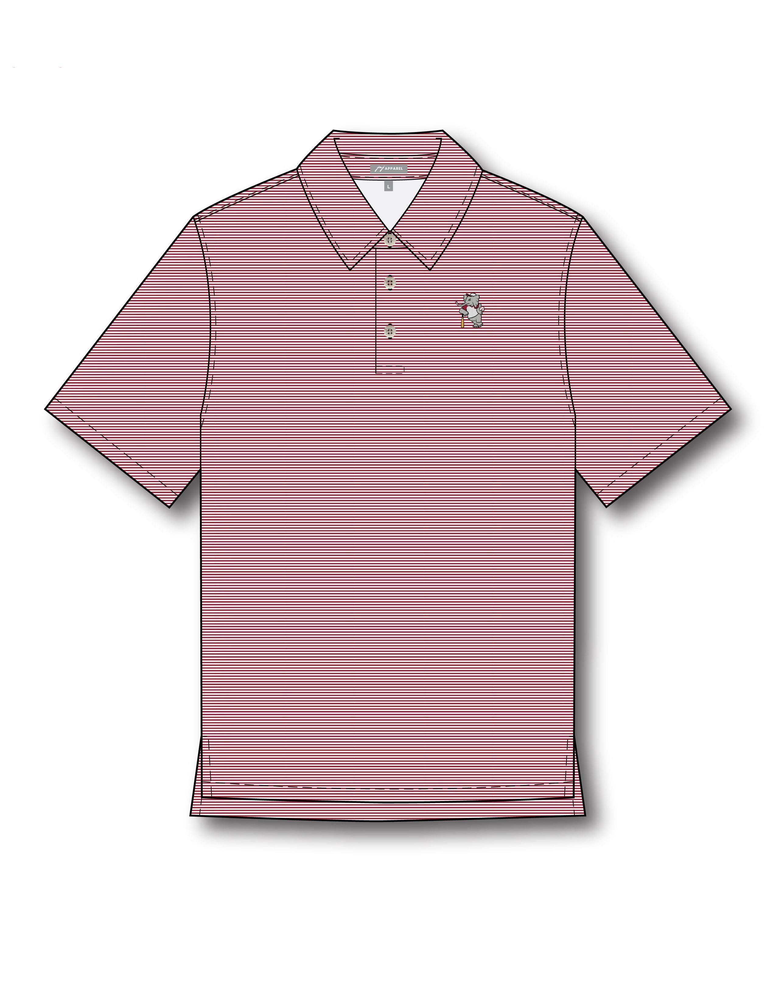 University of Alabama BallPlayer Al Men's Crimson Stripe Performance Polo with an embroidered image of Big Al in a baseball uniform leaning on a baseball bat