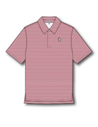 University of Alabama BallPlayer Al Men's Crimson Stripe Performance Polo with an embroidered image of Big Al in a baseball uniform leaning on a baseball bat