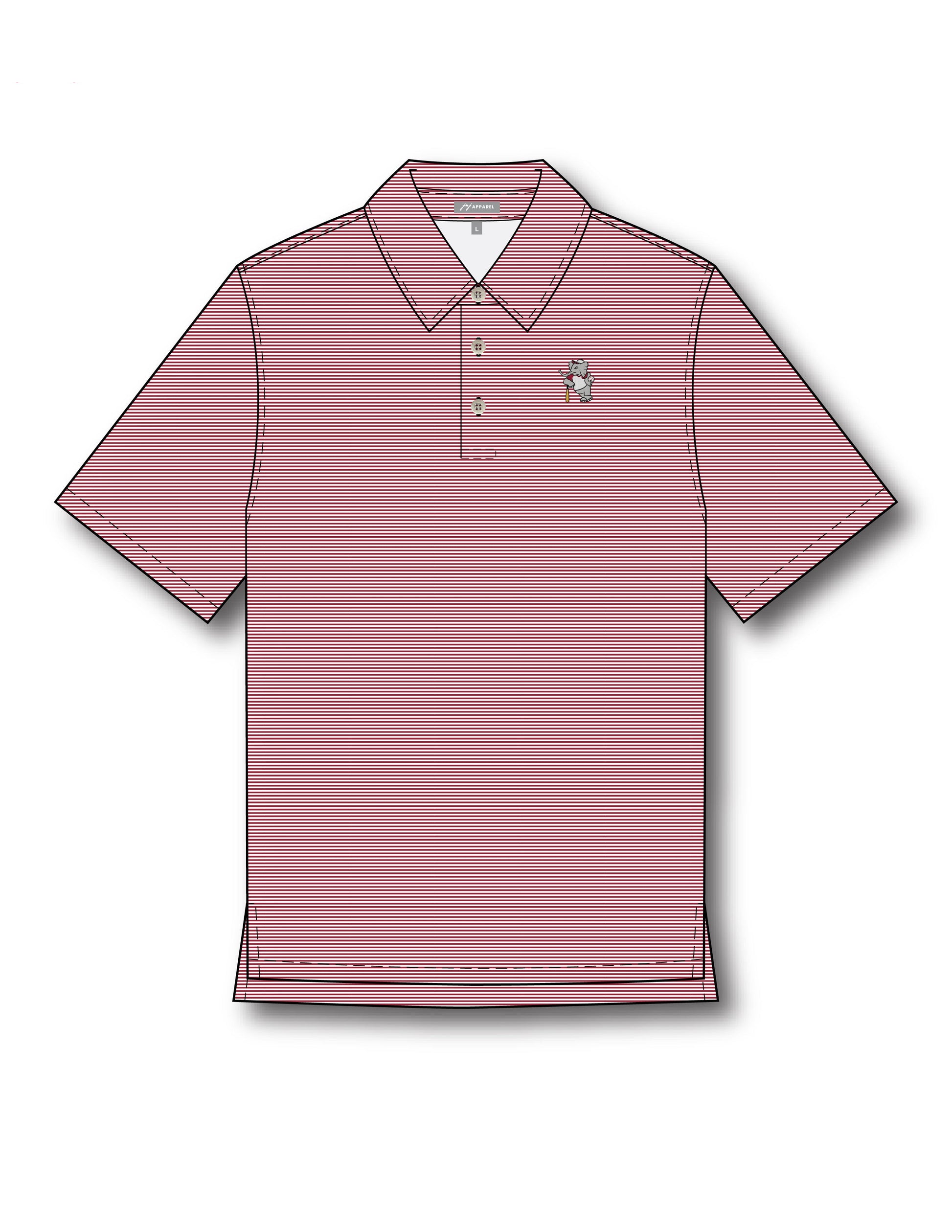 University of Alabama BallPlayer Al Men's Crimson Stripe Performance Polo with an embroidered image of Big Al in a baseball uniform leaning on a baseball bat