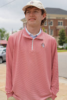 University of Alabama BallPlayer Al Men's Crimson Performance Pullover with an embroidered image of Big Al in a baseball uniform leaning on a baseball bat
