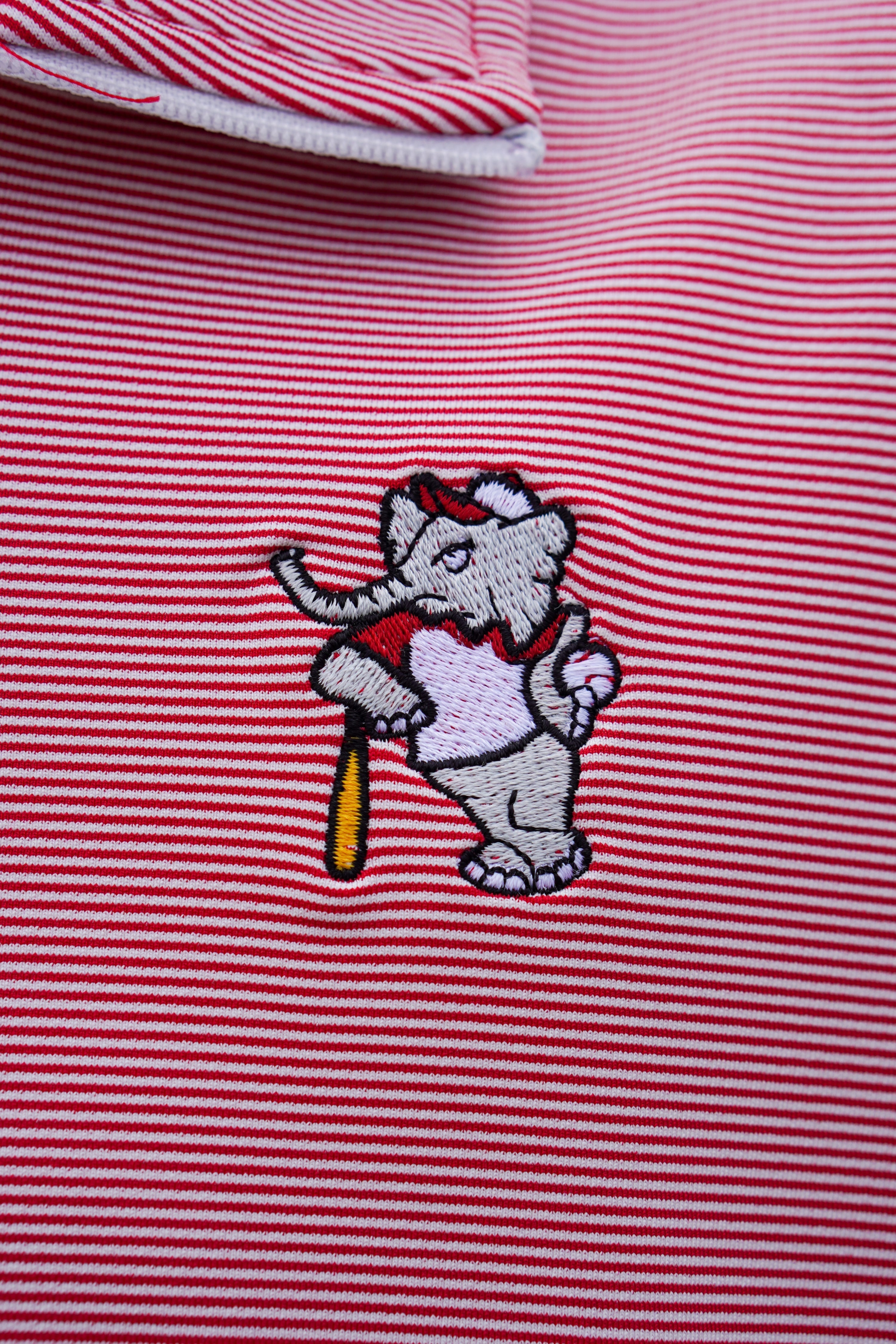 University of Alabama BallPlayer Al Men's Crimson Performance Pullover with an embroidered image of Big Al in a baseball uniform leaning on a baseball bat