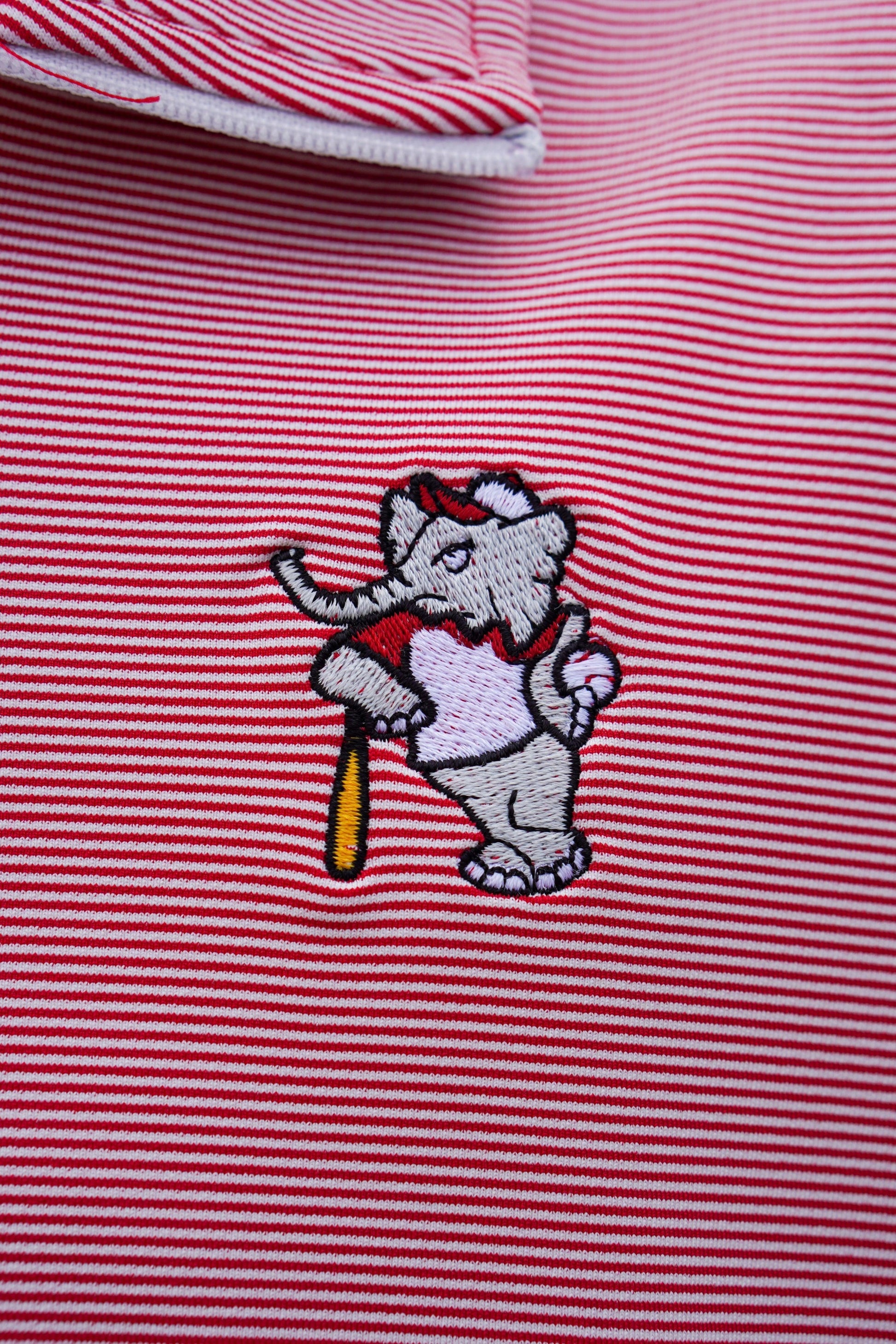 University of Alabama BallPlayer Al Men's Crimson Performance Pullover with an embroidered image of Big Al in a baseball uniform leaning on a baseball bat