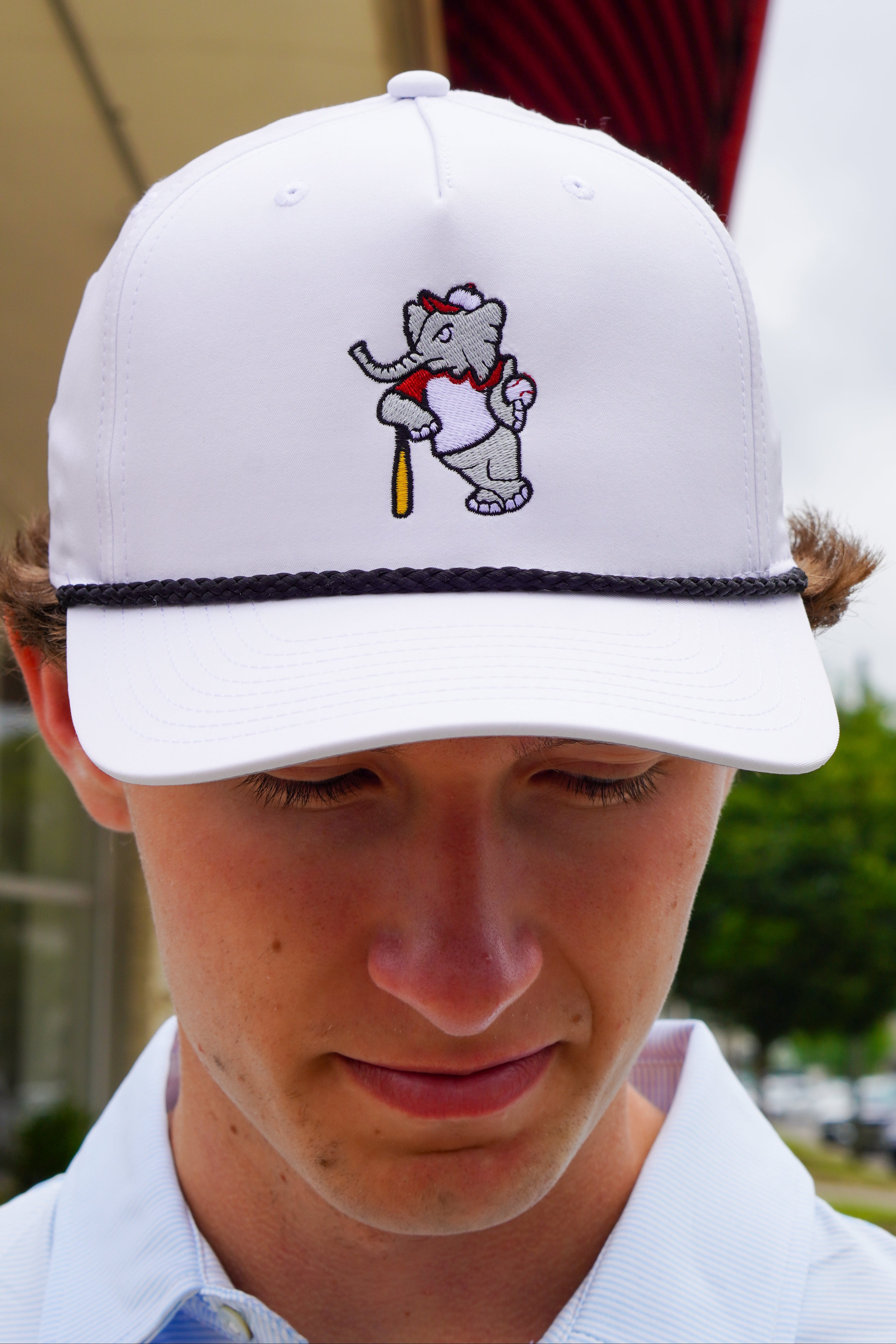 University of Alabama BallPlayer Al Men’s White Rope Hat with an embroidered image of Big Al in a baseball uniform leaning on a baseball bat