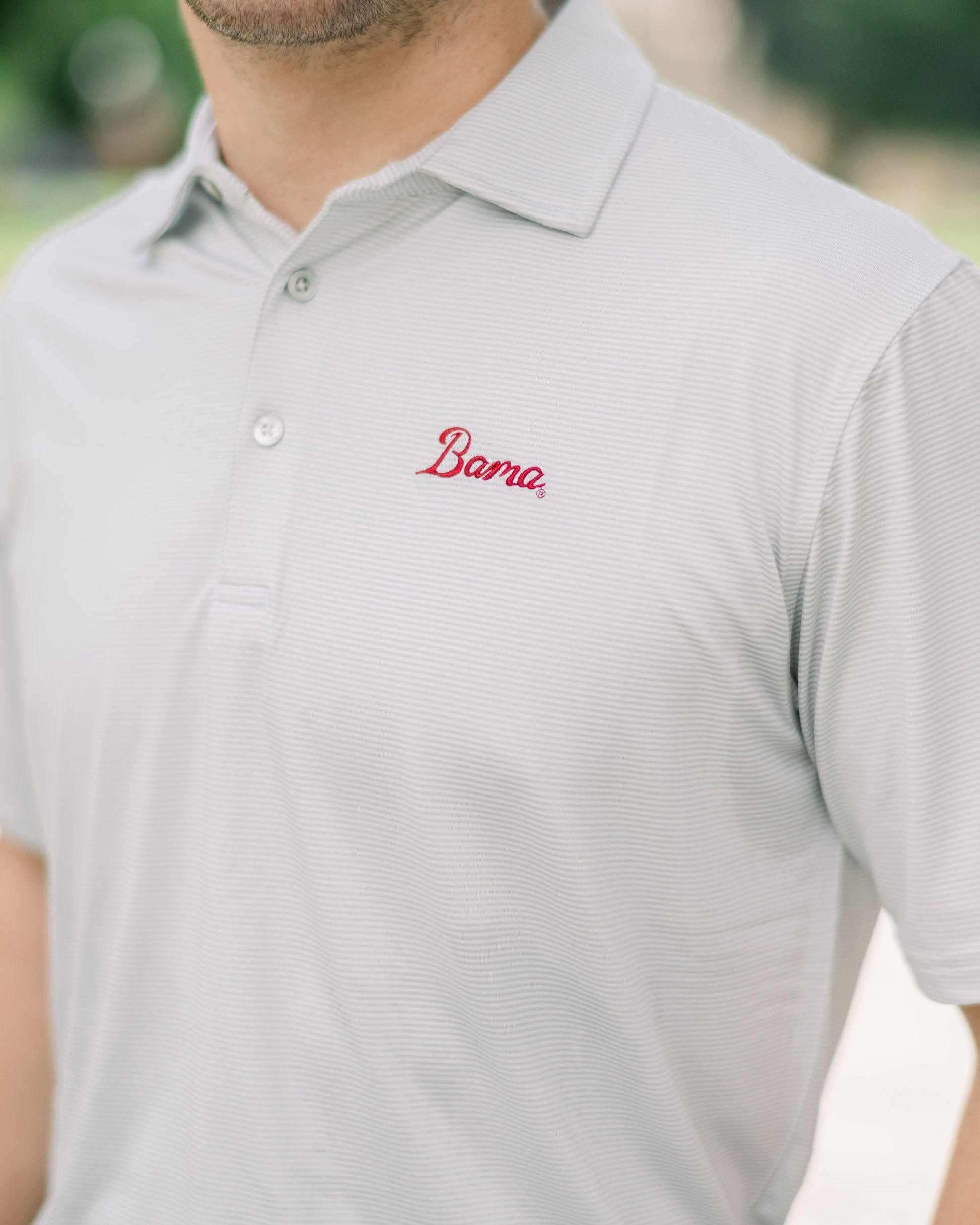 University of Alabama Grey Men's Polo with Red script "Bama" Embroidery