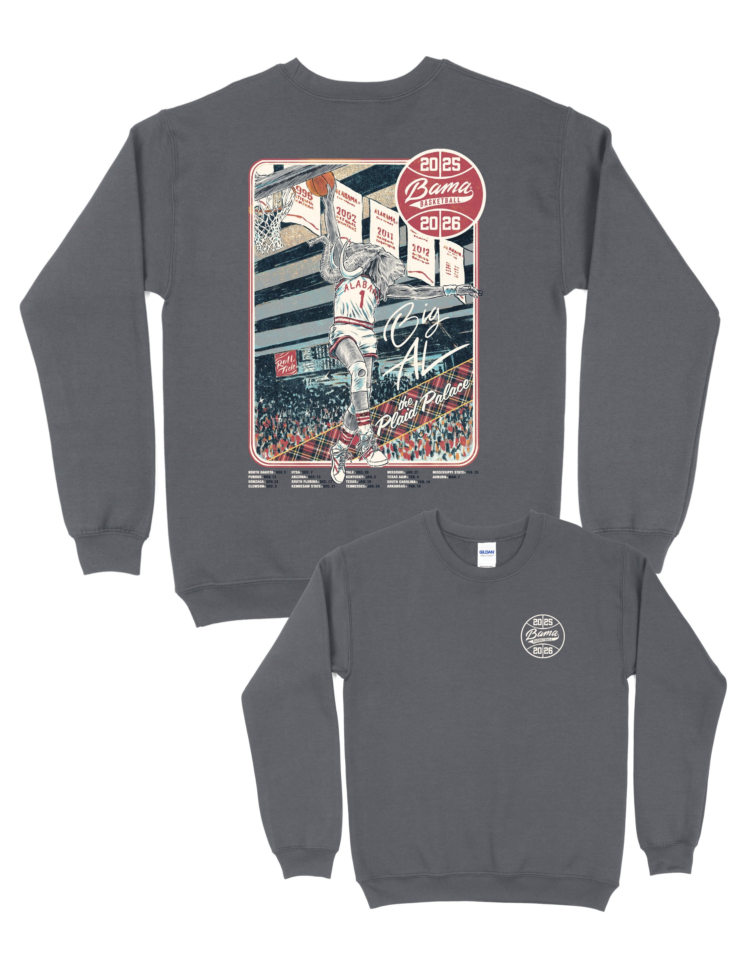 University of Alabama Dark Grey Sweatshirt with an illustration of Big Al dunking a basketball next to text “Big Al” and “the Plaid Palace” above the 2025 Basketball Schedule