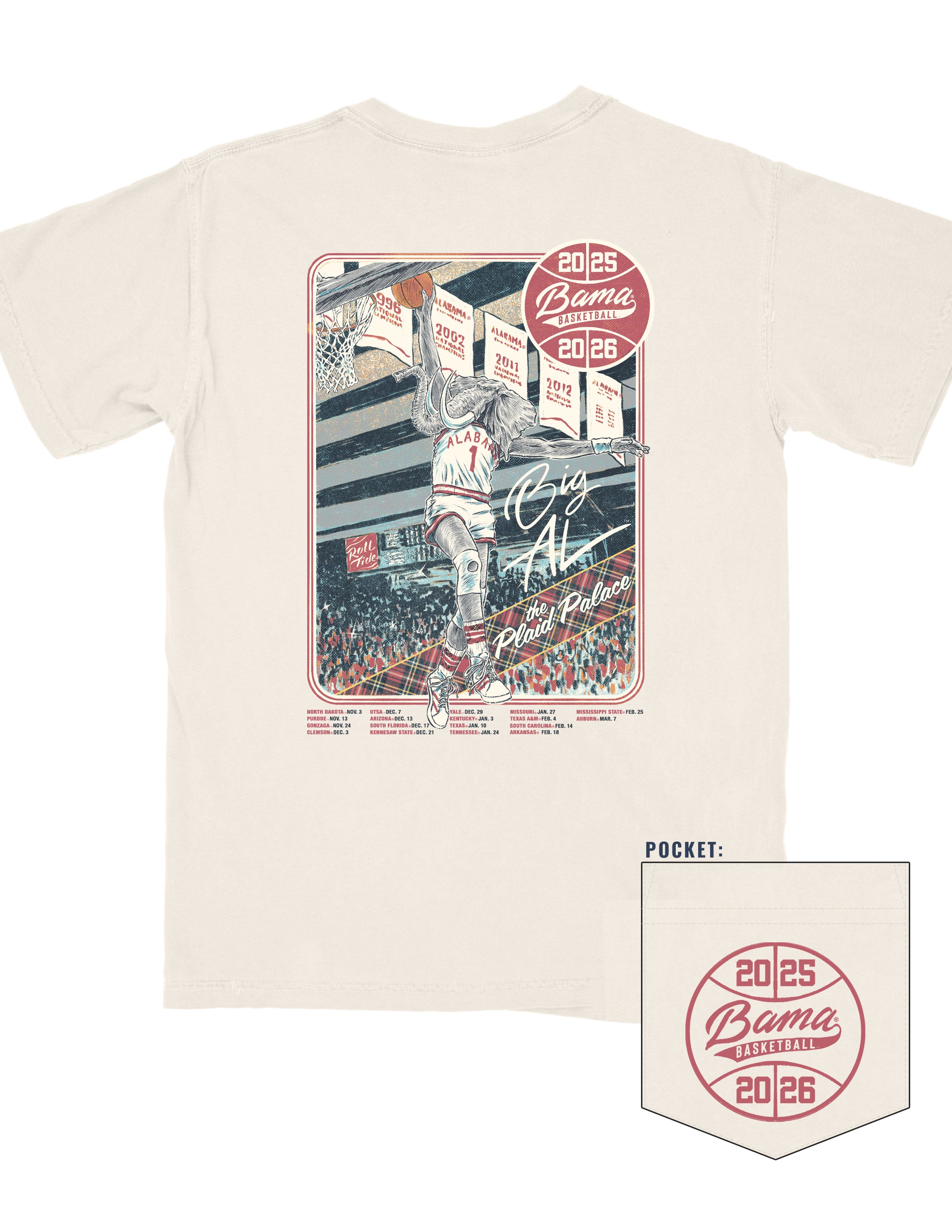 University of Alabama Ivory Shirt with an illustration of Big Al dunking a basketball next to text “Big Al” and “the Plaid Palace” above the 2025 Basketball Schedule