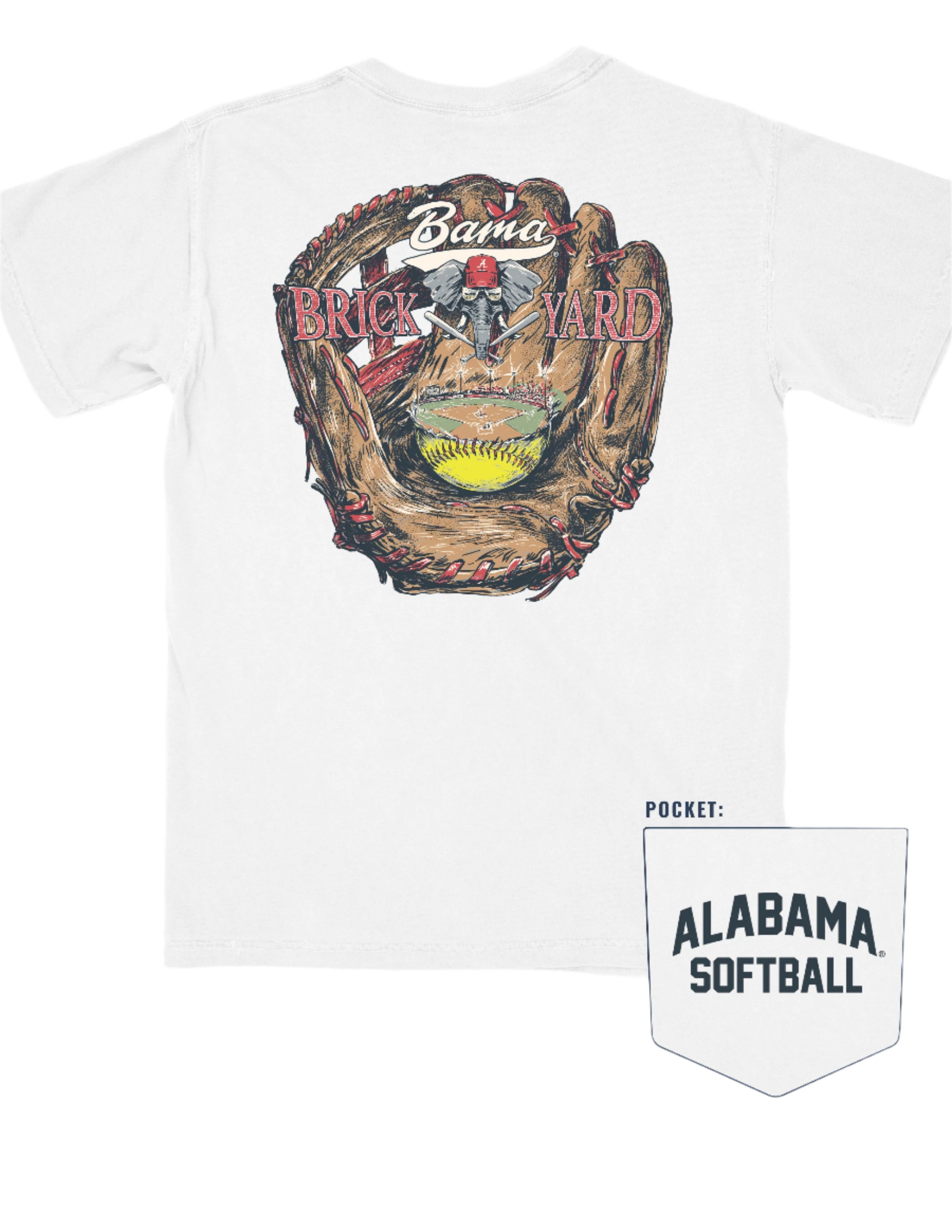 University of Alabama Bama Brick Yard White Comfort Colors T-Shirt with an image of a baseball glove catching a baseball field beneath the text "Bama Brick Yard"