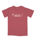 University of Alabama Red Youth T-Shirt with White sketches of Denny Chimes, Bryant-Denny Stadium, and the Tuska Statue