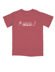 University of Alabama Red Youth T-Shirt with White sketches of Denny Chimes, Bryant-Denny Stadium, and the Tuska Statue