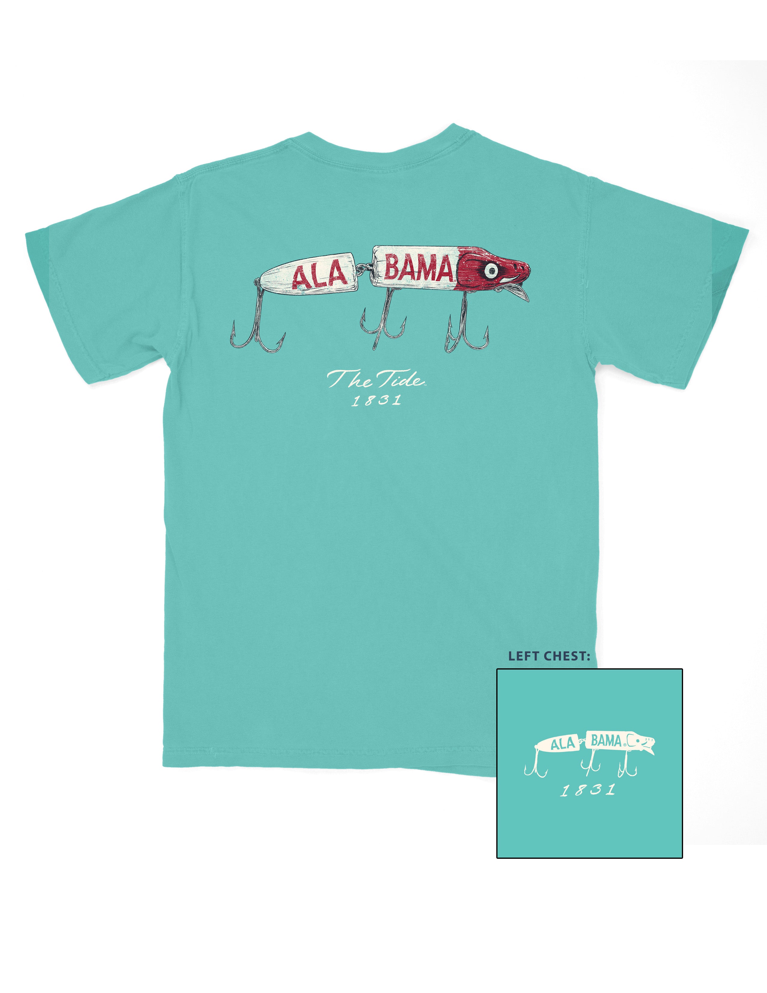 University of Alabama Teal Youth T-Shirt with an image of a fishing lure with Red text "Alabama" above White text “The Tide 1831”