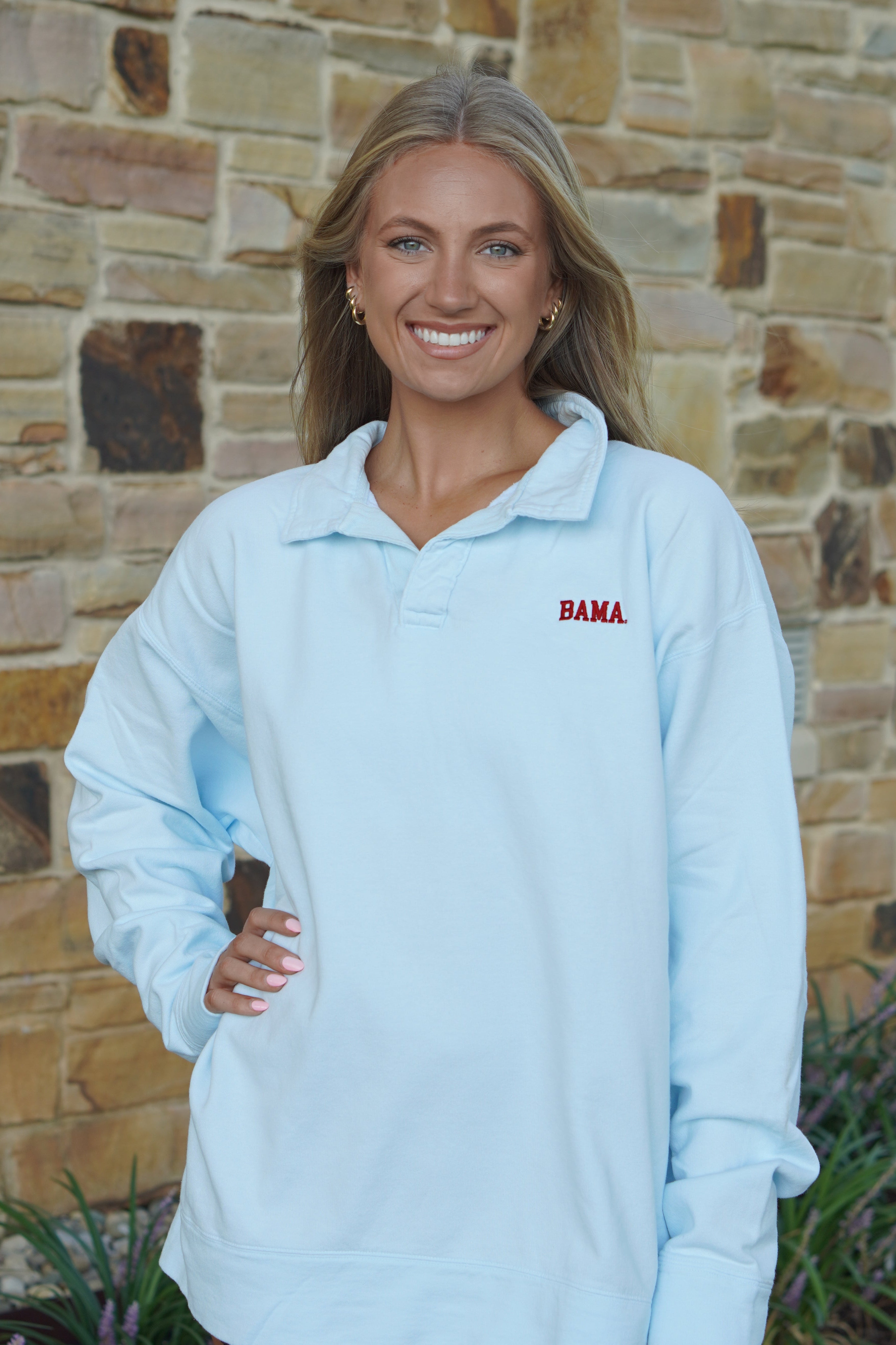 University of Alabama Light Blue Bama Polo Sweatshirt with Red "Bama" embroidery