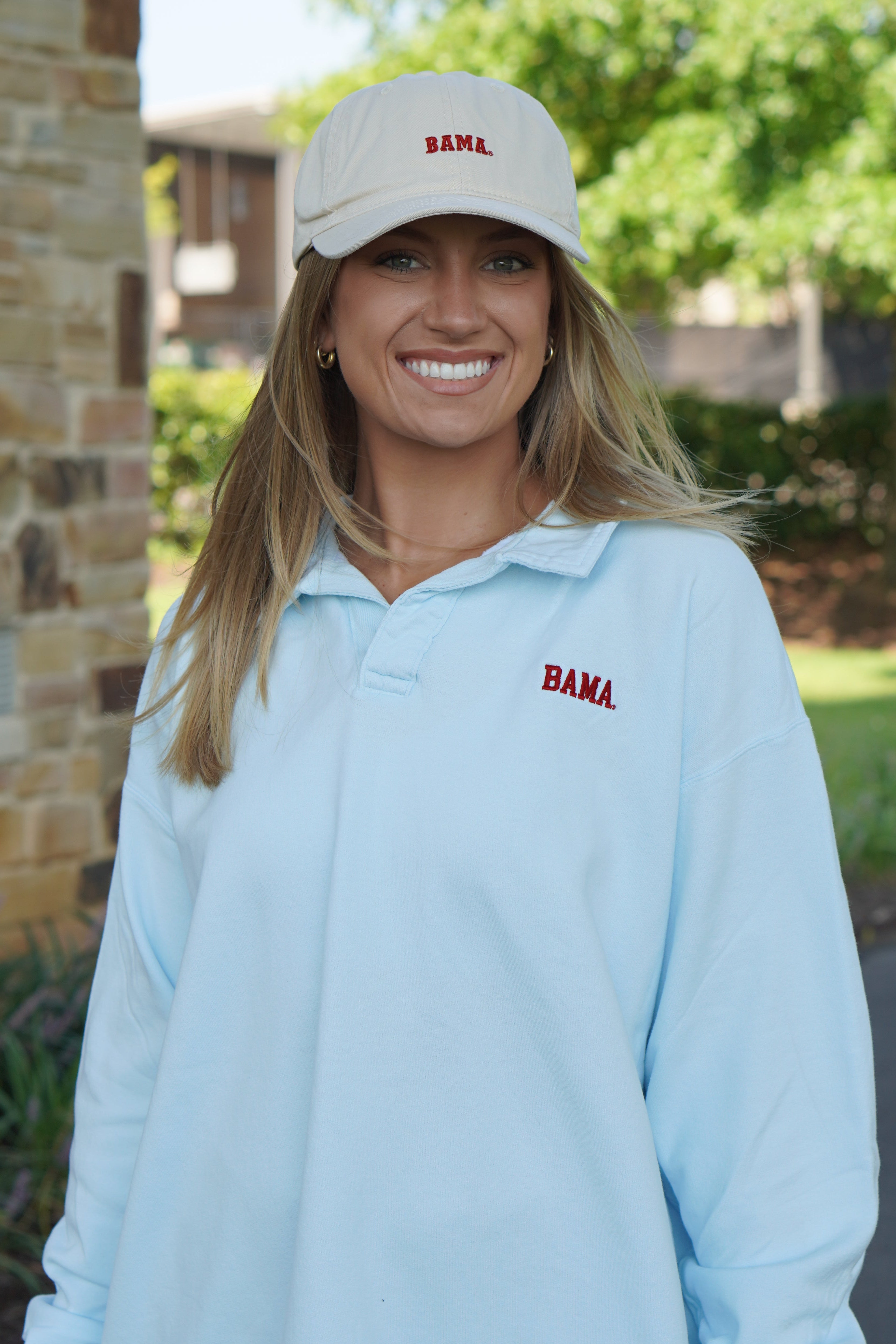 University of Alabama Light Blue Bama Polo Sweatshirt with Red "Bama" embroidery