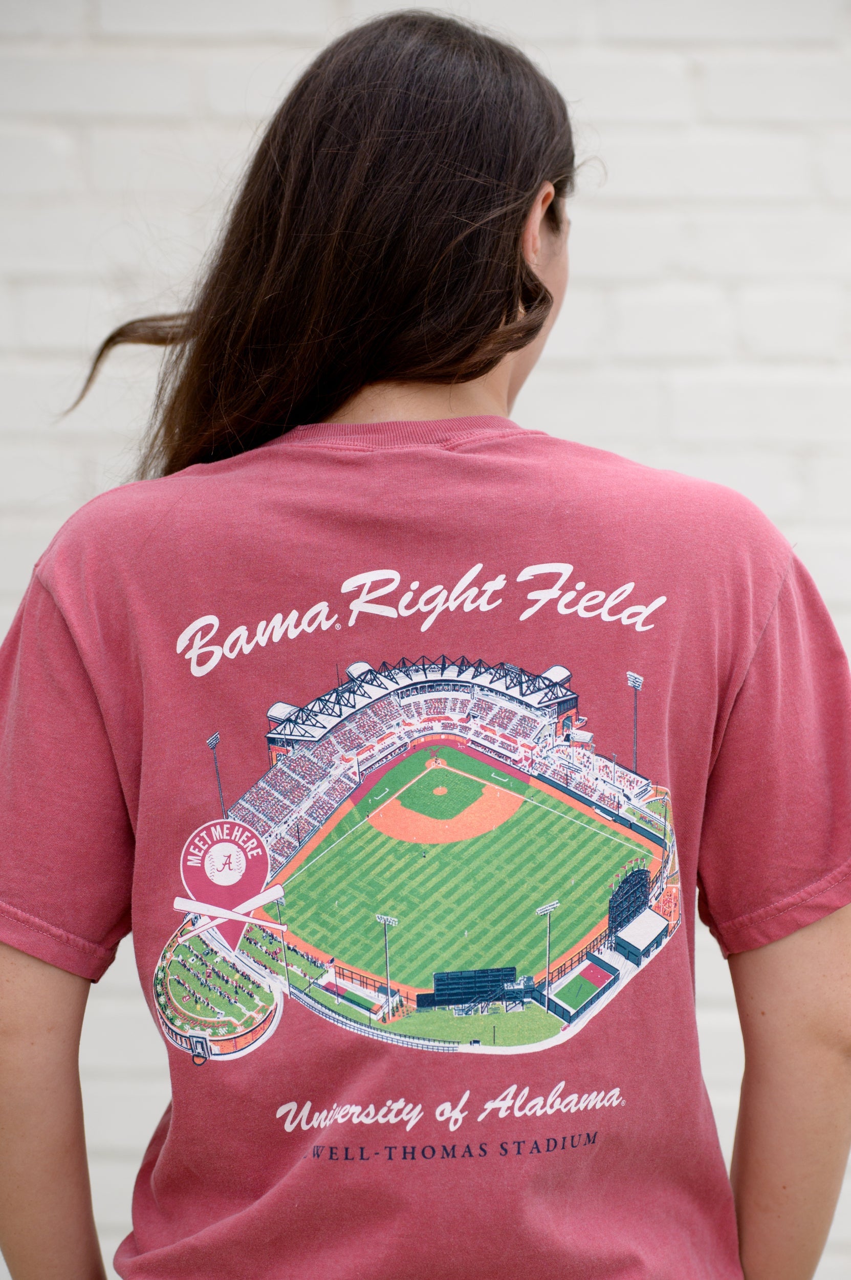 University of Alabama Bama Right Field Crimson Comfort Colors T- Shirt with an image of Sewell Thomas Stadium and a pin pointing to Right Field