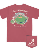 University of Alabama Bama Right Field Crimson Comfort Colors T- Shirt with an image of Sewell Thomas Stadium and a pin pointing to Right Field