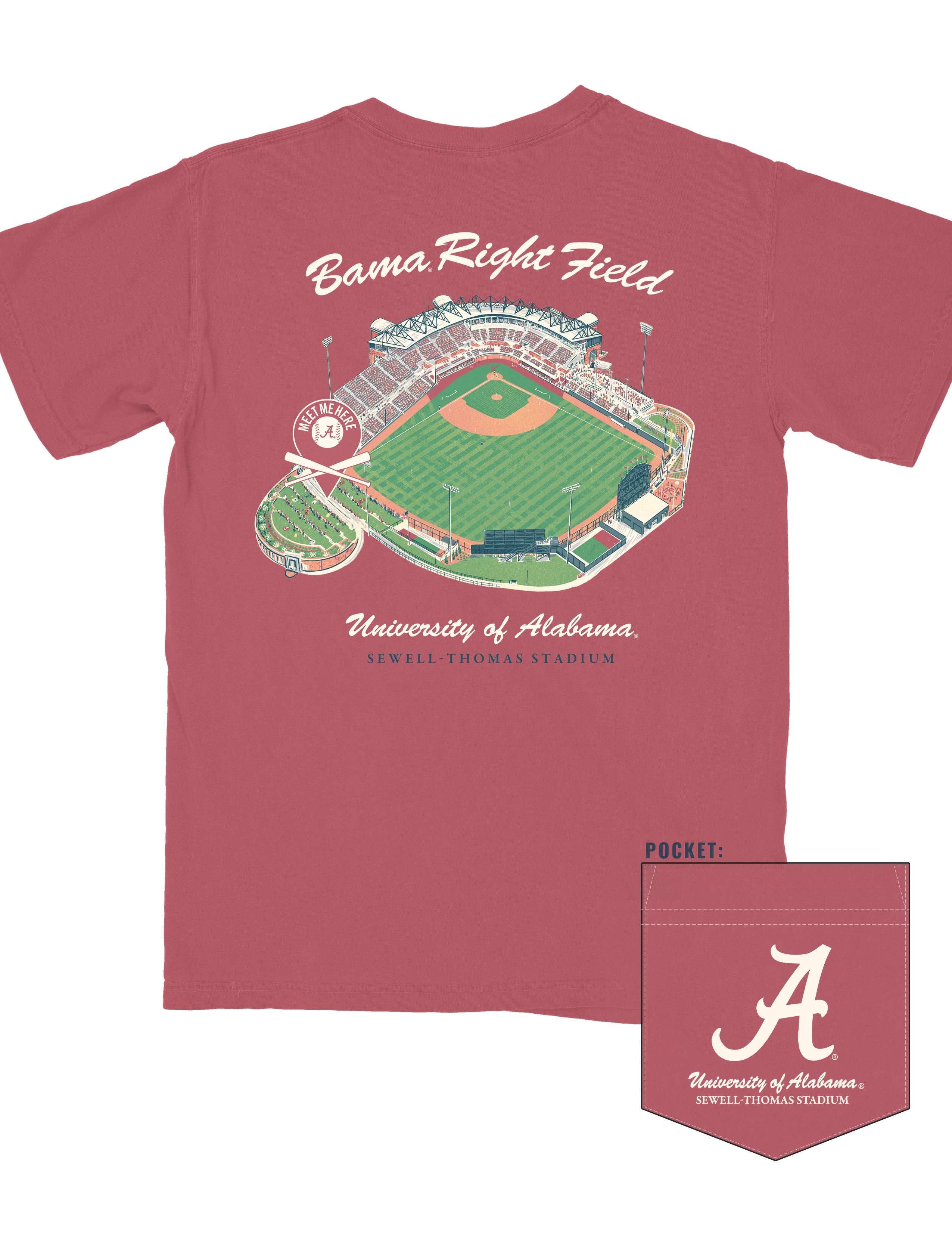University of Alabama Bama Right Field Crimson Comfort Colors T- Shirt with an image of Sewell Thomas Stadium and a pin pointing to Right Field