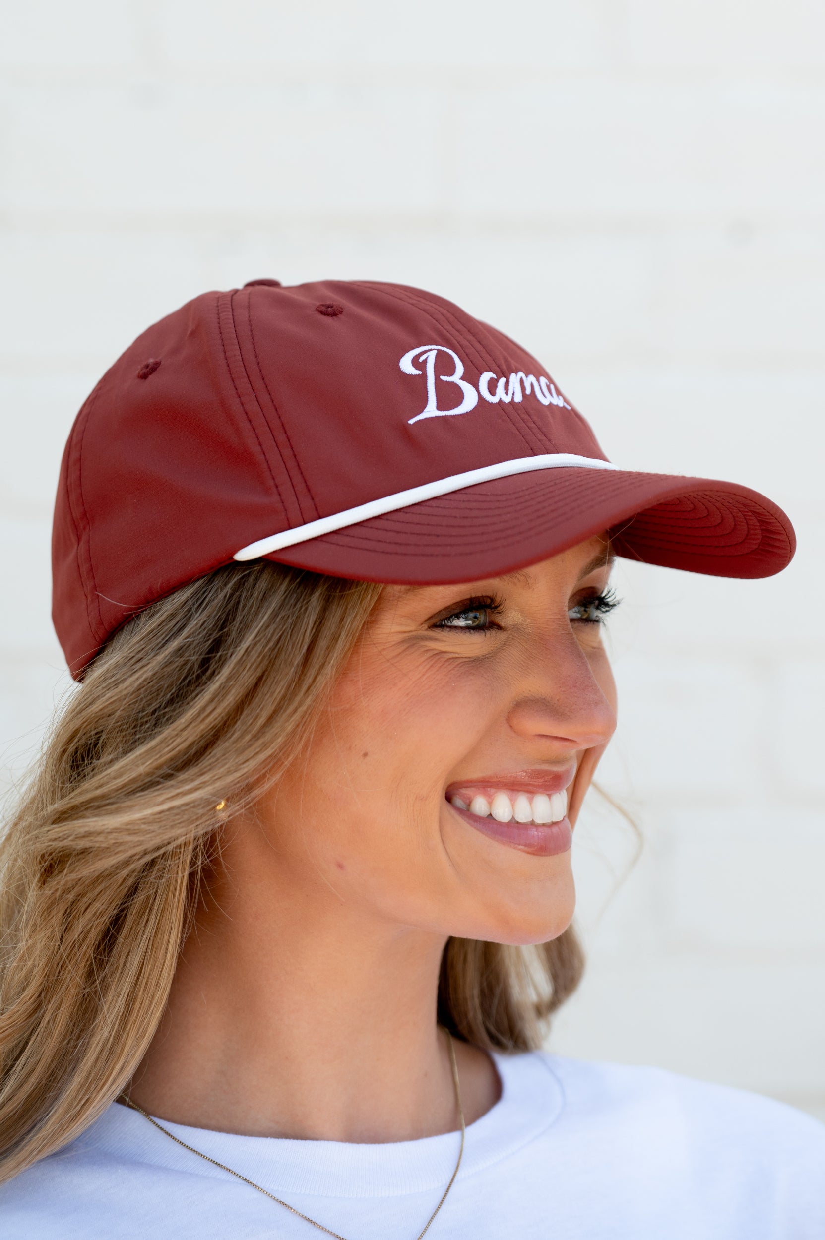 University of Alabama Dark Red Hat with a White rope and White script embroidery “Bama”