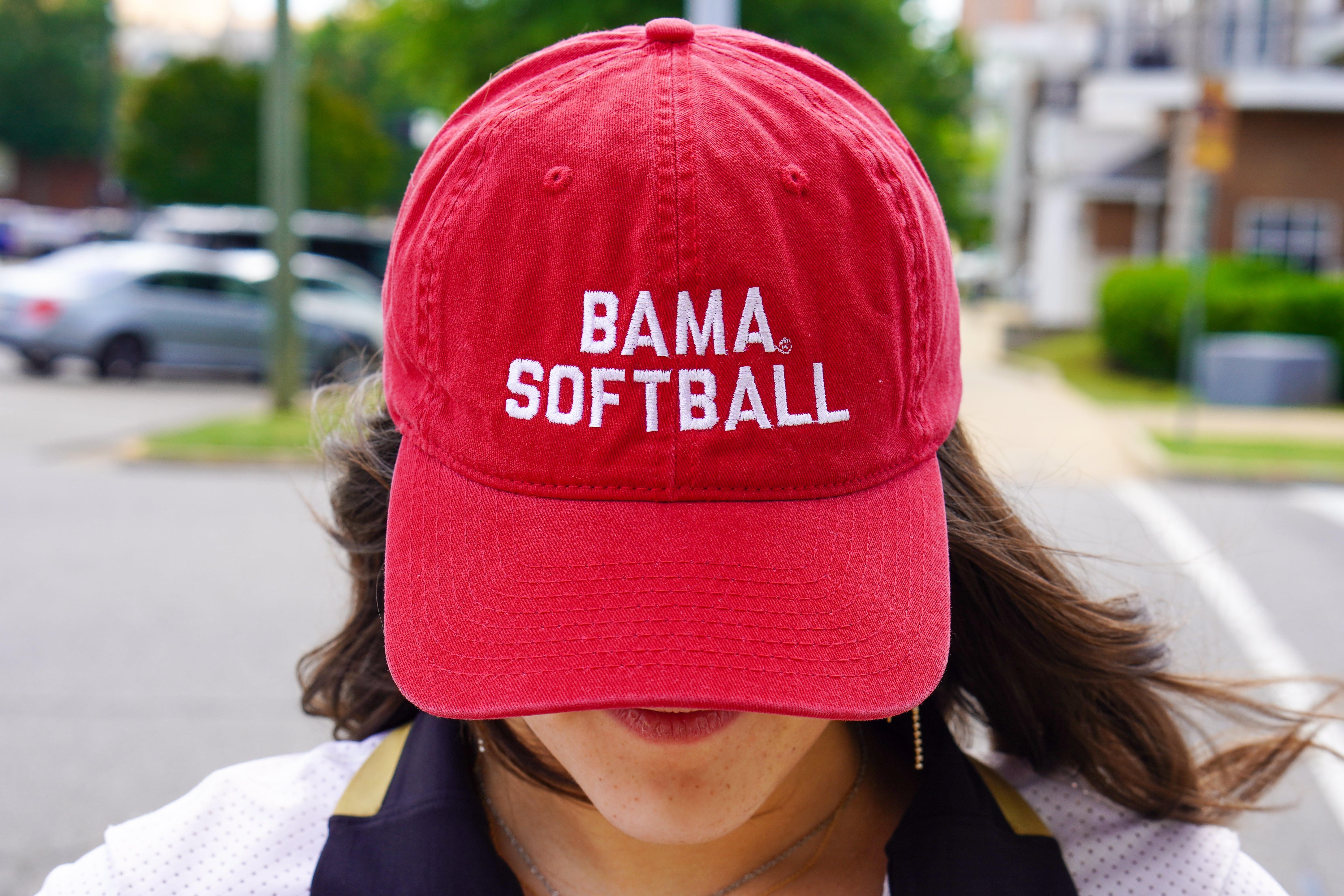 University of Alabama Red Dad Hat with White "Bama Softball" Embroidery