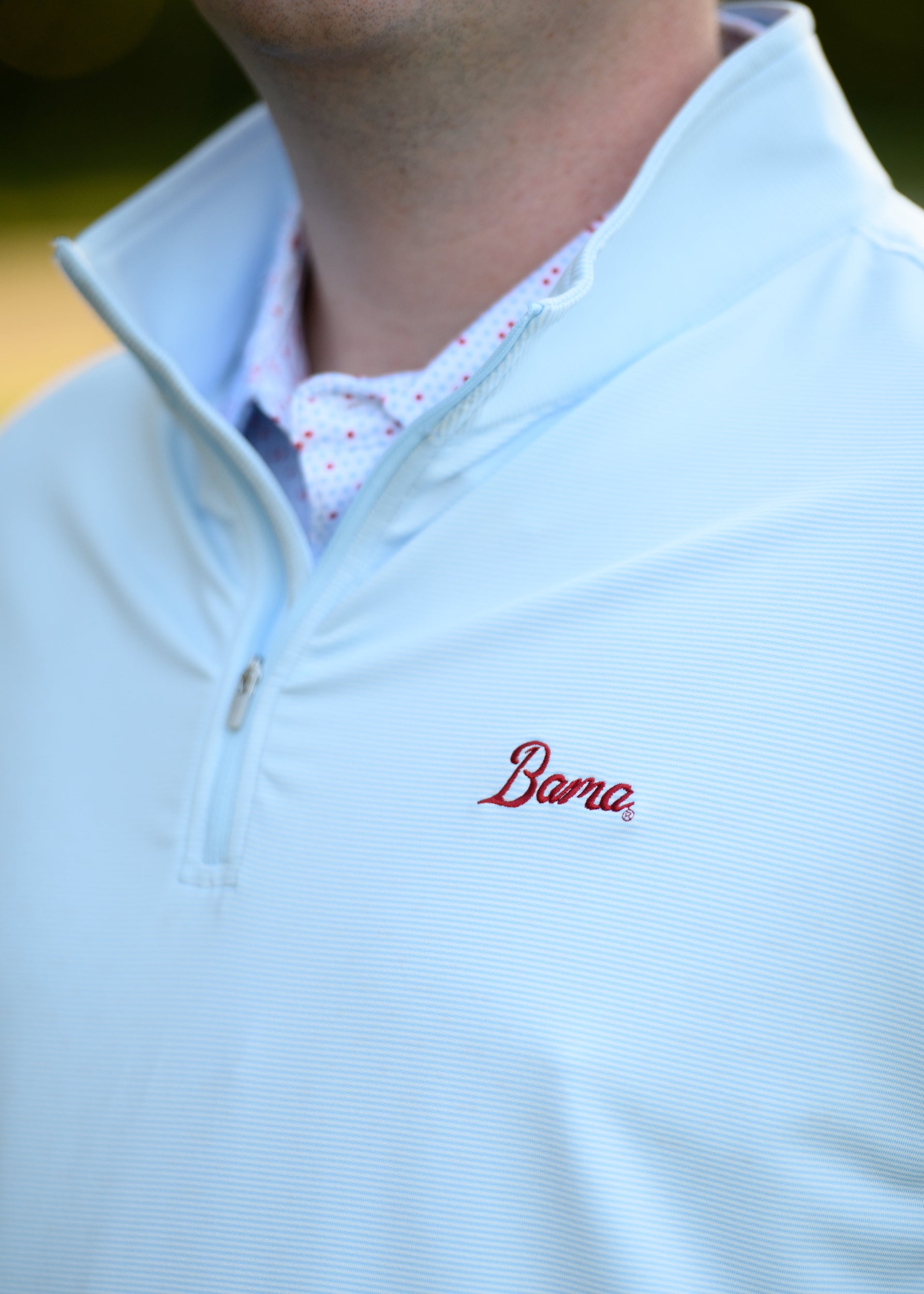 University of Alabama Light Blue Men's 1/4 Zip with Red script "Bama" Embroidery