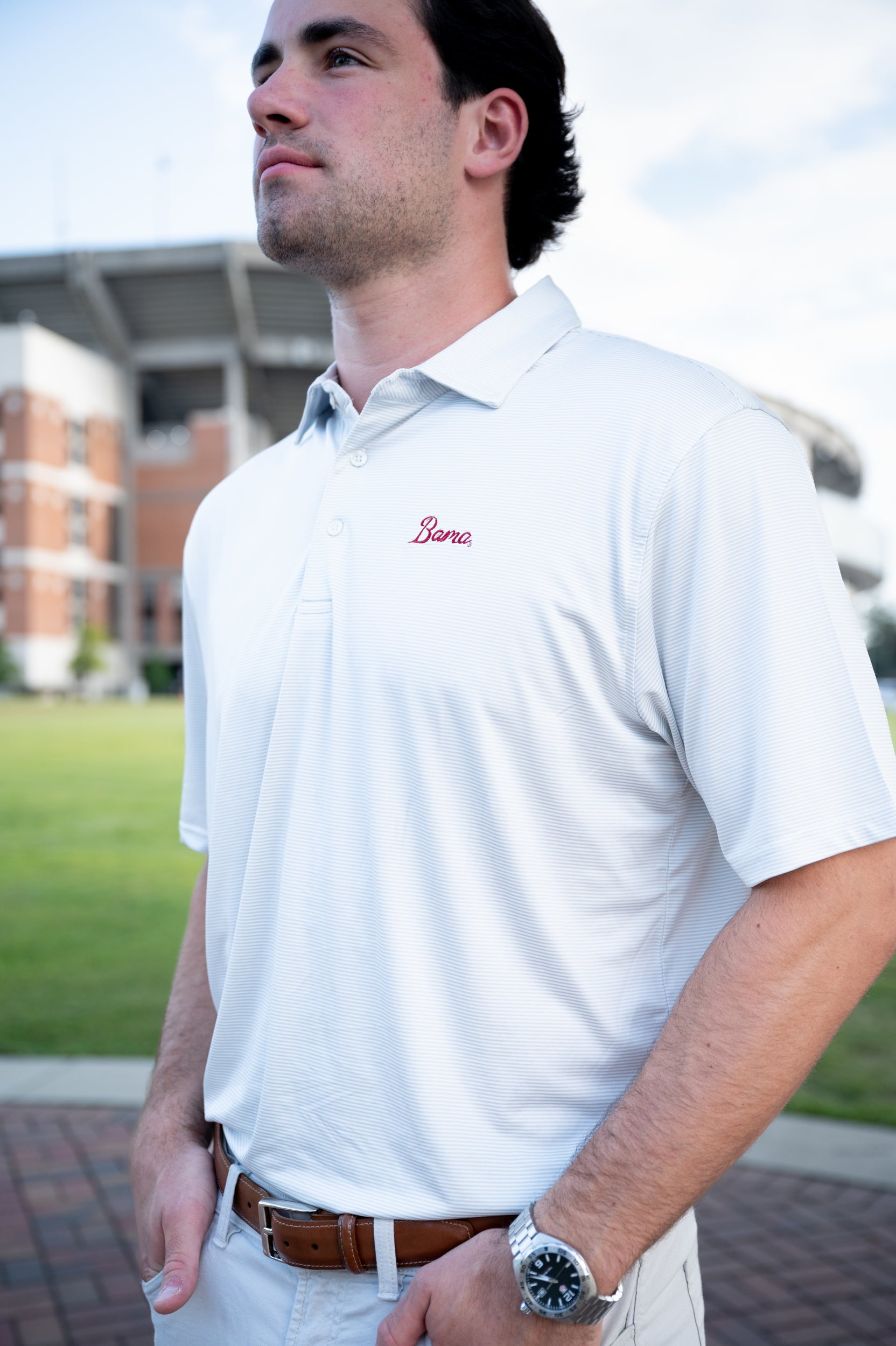 University of Alabama Grey Men's Polo with Red script "Bama" Embroidery