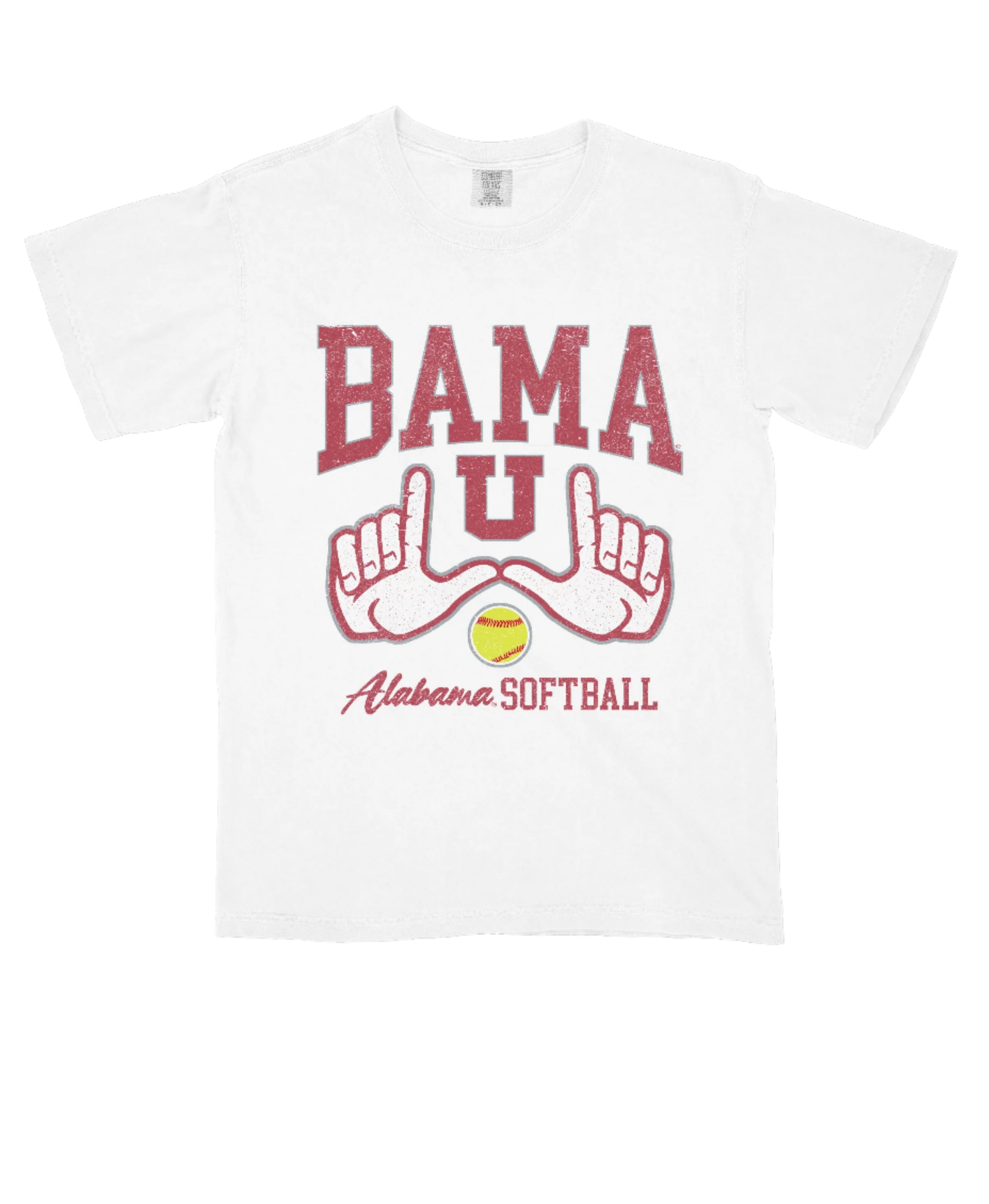 University of Alabama White Bama U Comfort Colors T-Shirt with a graphic of two hands making "L's" above text "Alabama Softball"