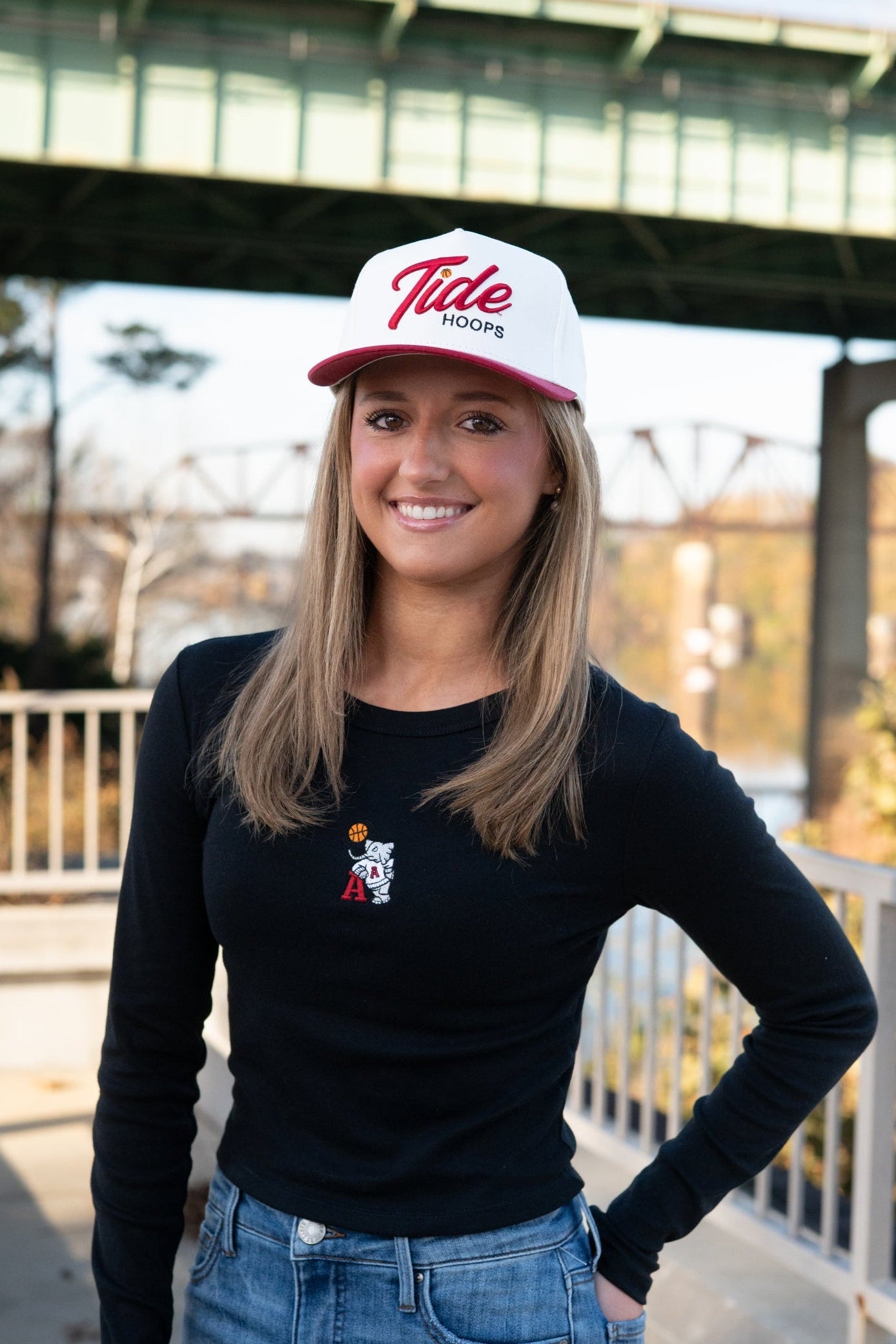 University of Alabama Black Ladies Long Sleeve Fitted T-Shirt with the Basketball Al Logo embroidered on the middle of the chest