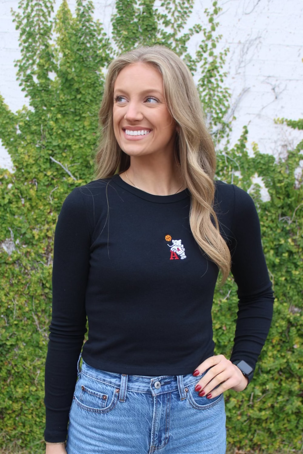 University of Alabama Black Ladies Long Sleeve Fitted T-Shirt with the Basketball Al Logo embroidered on the middle of the chest