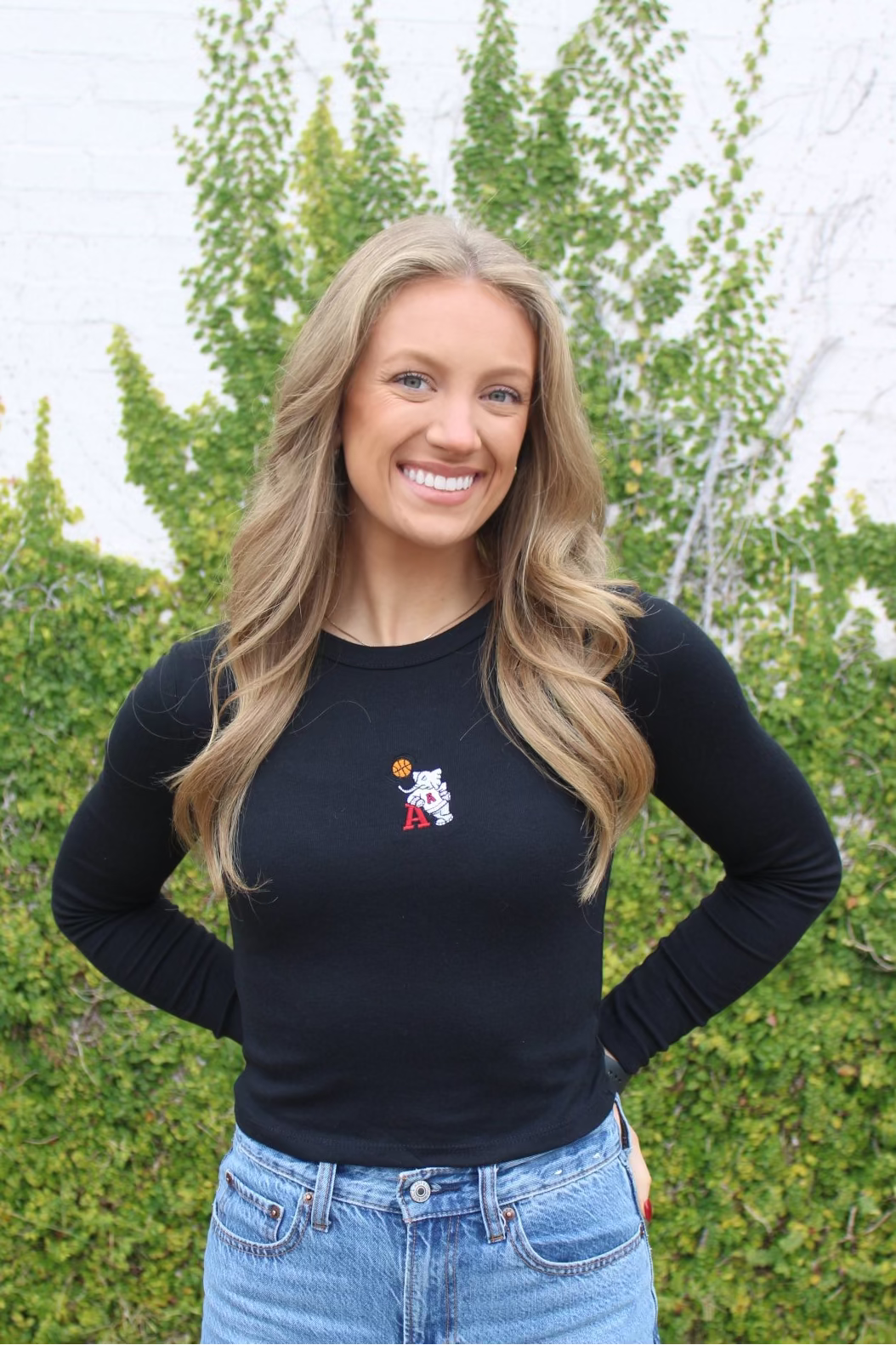 University of Alabama Black Ladies Long Sleeve Fitted T-Shirt with the Basketball Al Logo embroidered on the middle of the chest