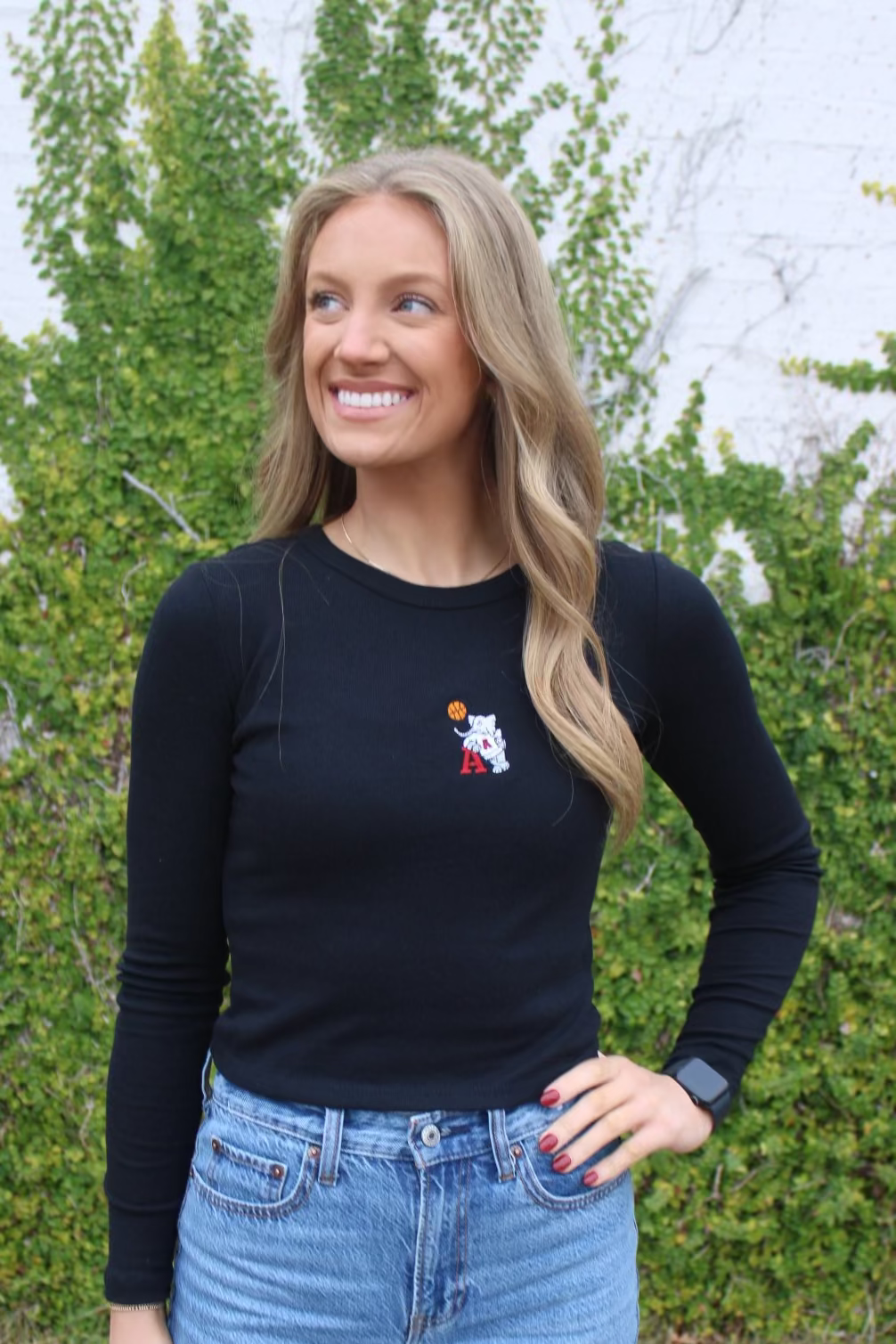 University of Alabama Black Ladies Long Sleeve Fitted T-Shirt with the Basketball Al Logo embroidered on the middle of the chest