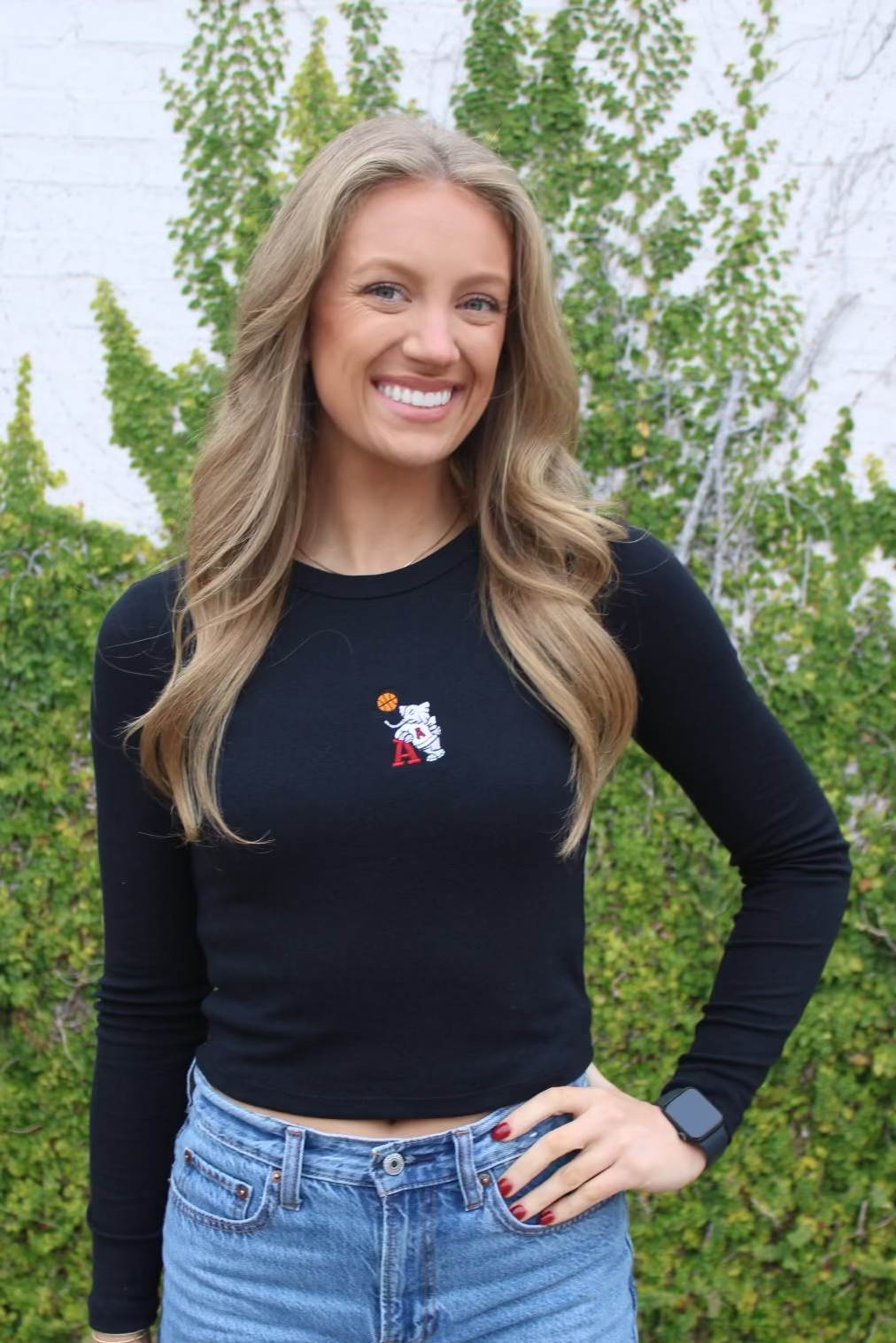 University of Alabama Black Ladies Long Sleeve Fitted T-Shirt with the Basketball Al Logo embroidered on the middle of the chest