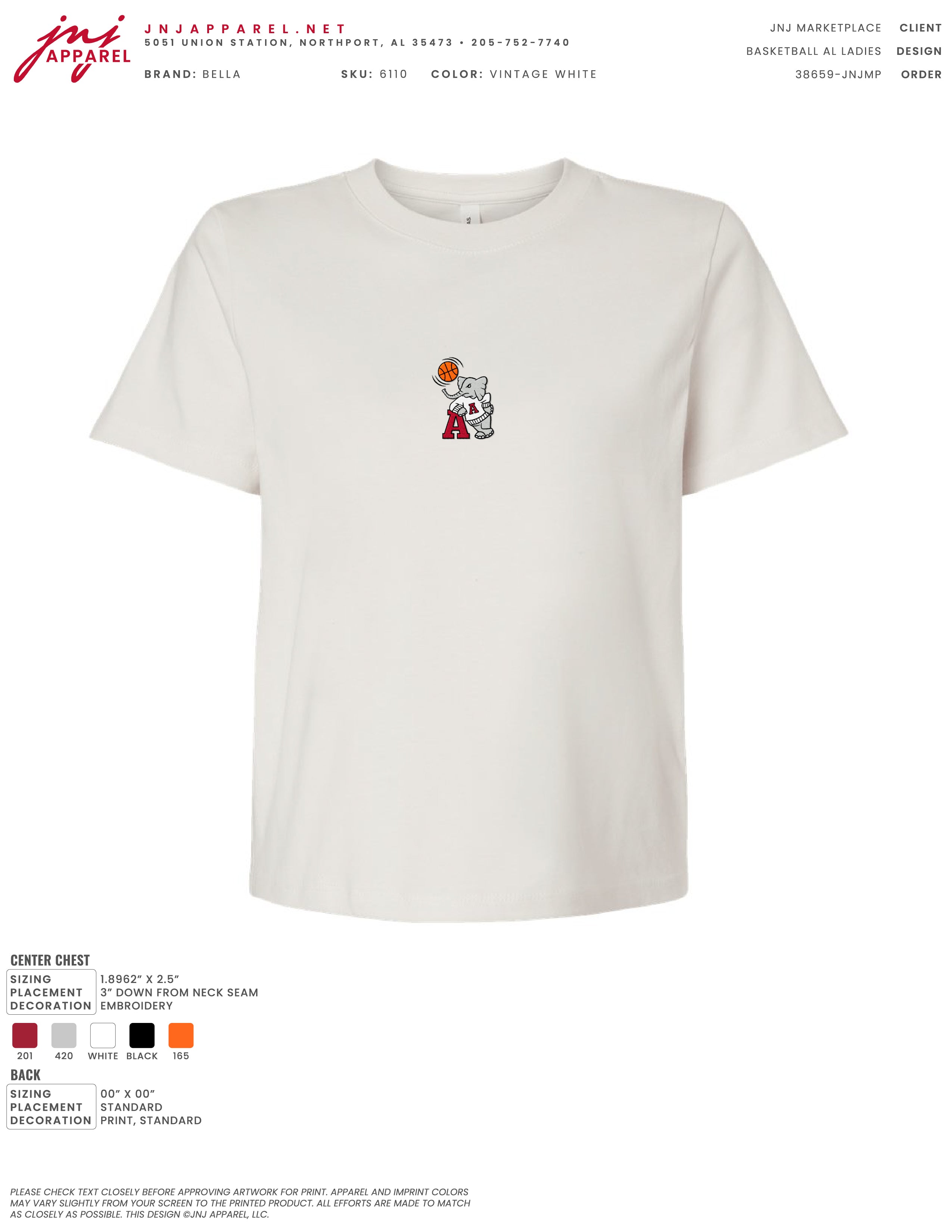 University of Alabama Off-White Ladies Short Sleeve T-Shirt with the Basketball Al Logo embroidered on the middle of the chest