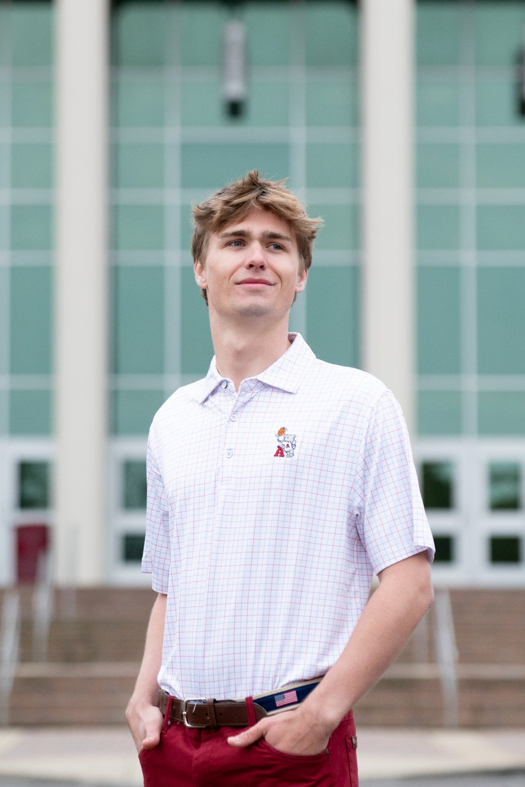 University of Alabama Men’s Windowpane patterned Polo with Basketball Al Logo embroidery on the chest