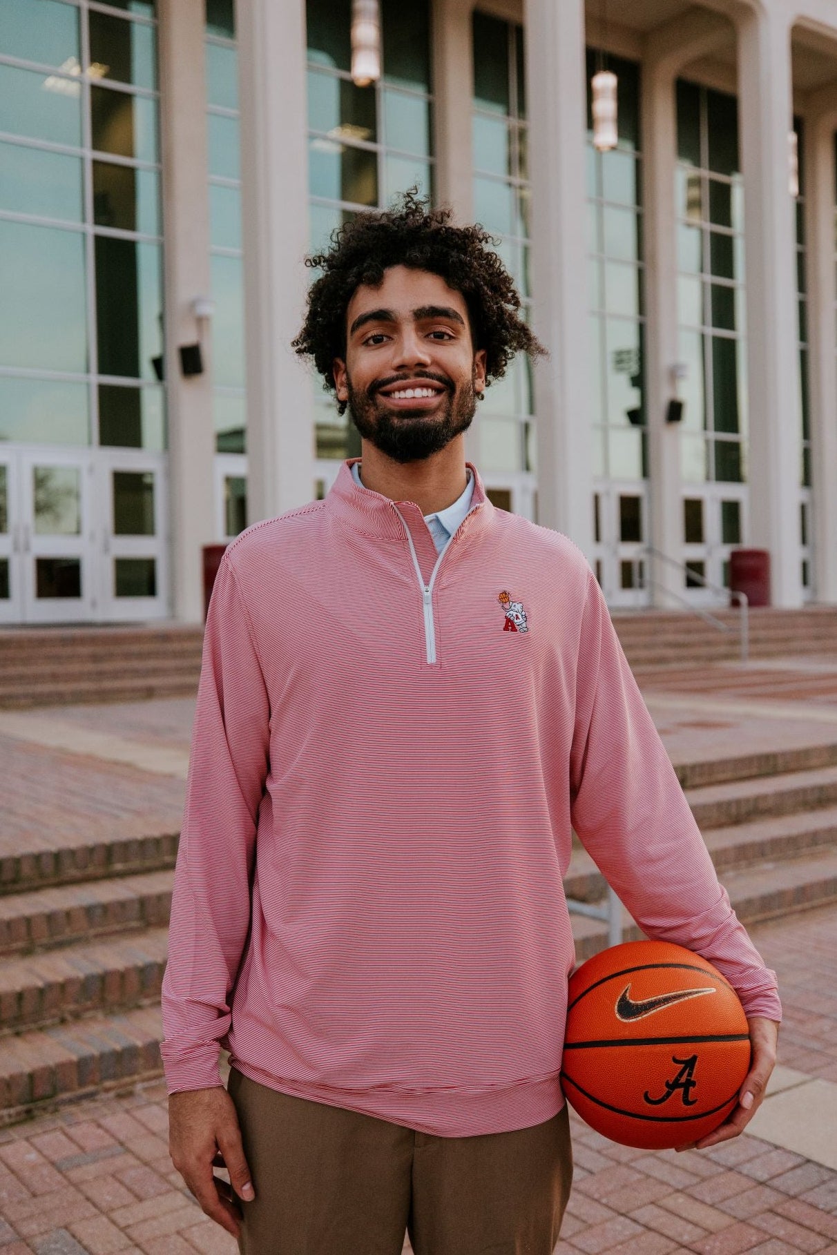 University of Alabama ¼ Zip Crimson Stripe Pullover with Basketball Al Logo Embroidery on the chest