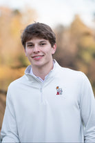 University of Alabama Basketball Al Men's Light Grey 1/4 Zip with an embroidered Big Al in a sweater holding a basketball and leaning against an "A"