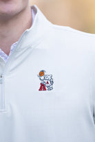 University of Alabama Basketball Al Men's Light Grey 1/4 Zip with an embroidered Big Al in a sweater holding a basketball and leaning against an "A"