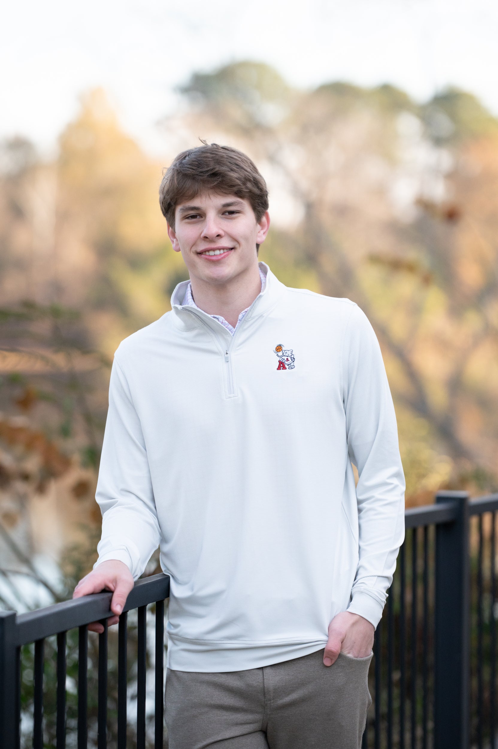 University of Alabama Basketball Al Men's Light Grey 1/4 Zip with an embroidered Big Al in a sweater holding a basketball and leaning against an "A"