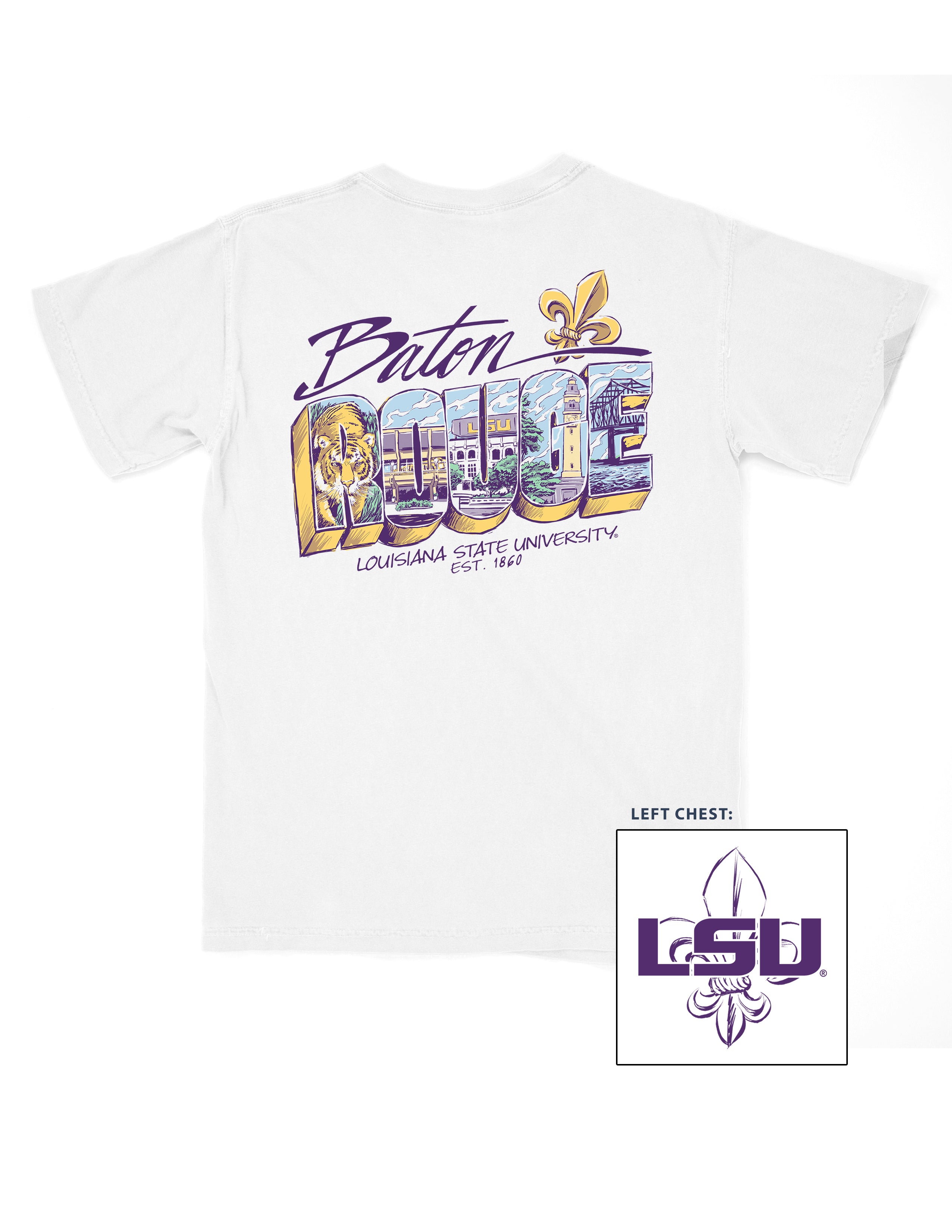 Louisiana State University White T-Shirt with postcard style text “Baton Rouge” with images of a tiger, Tiger Stadium, the Memorial Tower, and the New Bridge