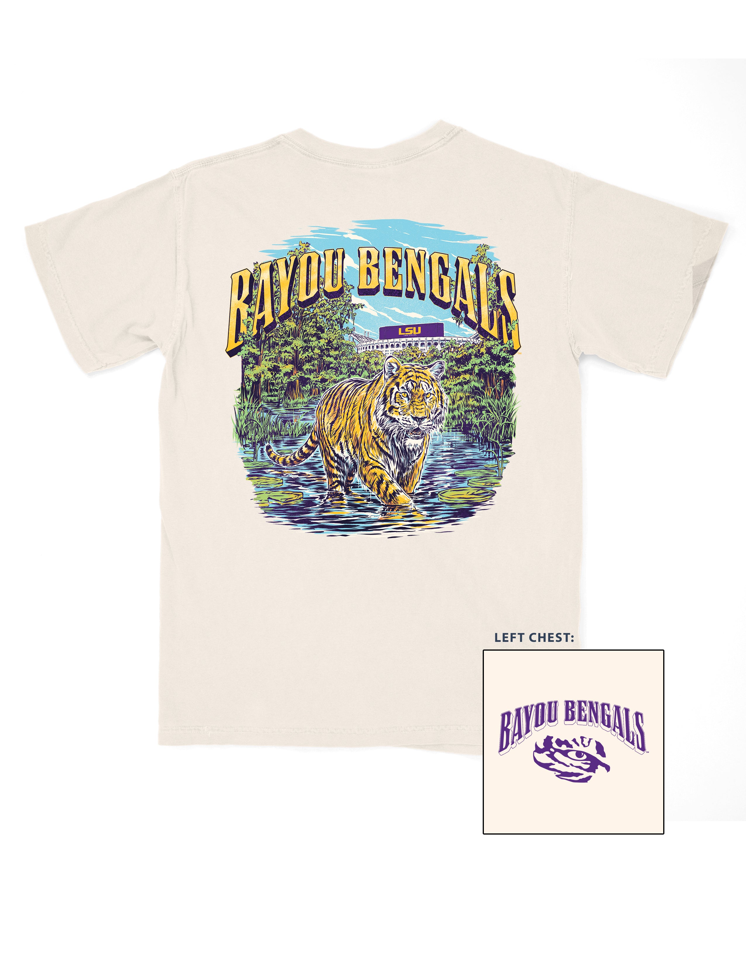 Louisiana State University Ivory T-Shirt with Gold Text “Bayou Bengals” over an illustration of a Bengal tiger prowling through the bayou with the Tiger stadium in the background