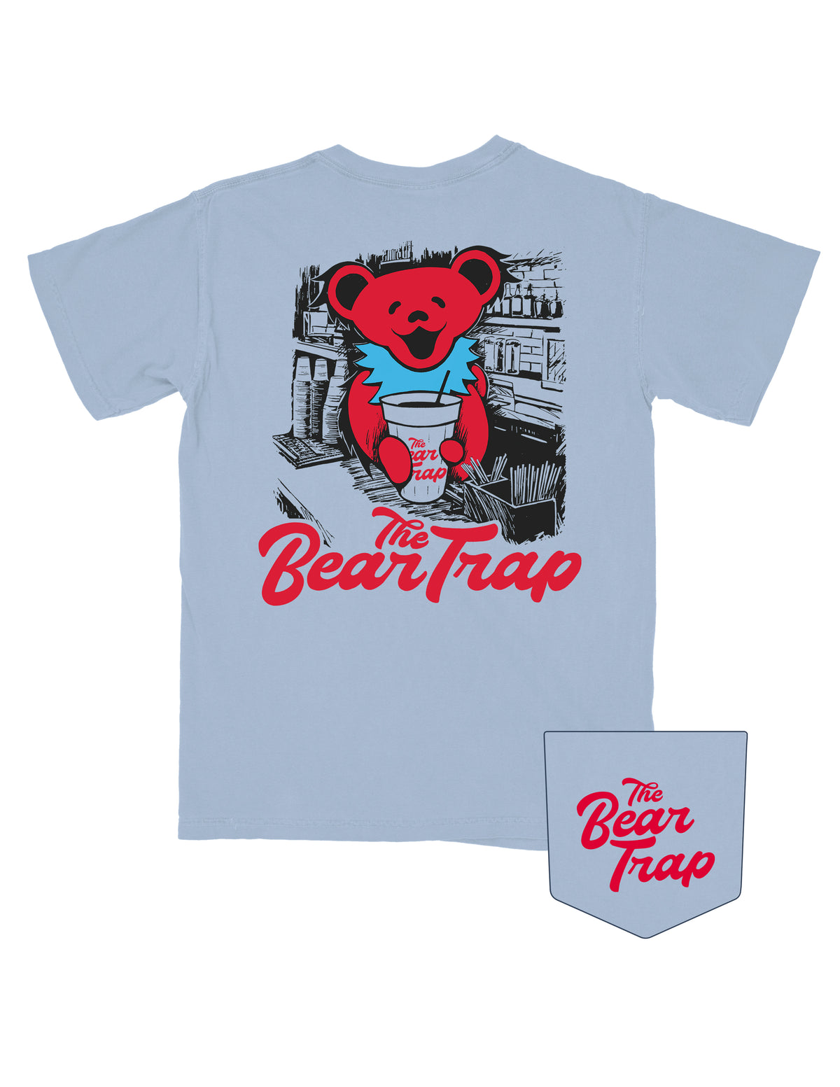 The Bear Trap Light Blue Shirt with an image of a Dancing Bear serving a drink at the Bear Trap  Bar above a Red “The Bear Trap” logo