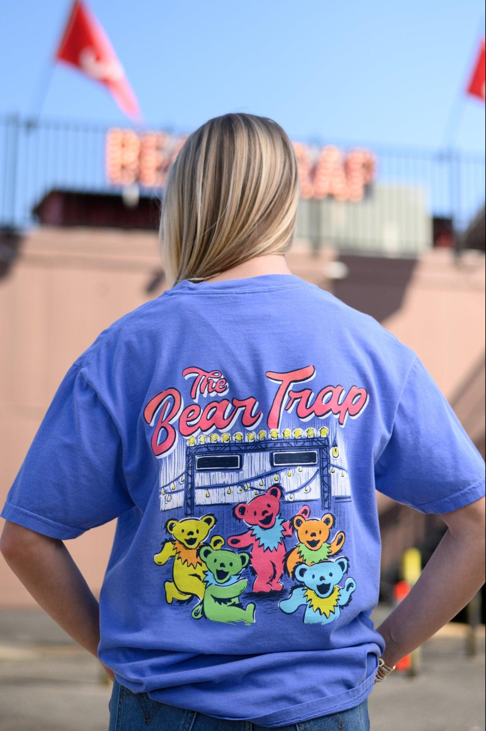 Bear Trap Blue T-Shirt with Dancing Bears under fairy lights and text “The Bear Trap”