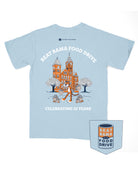 Auburn University Light Blue T-Shirt with Aubie collecting cans around Stamford Hall with White Text “Beat Bama Food Drive Celebrating 32 Years”