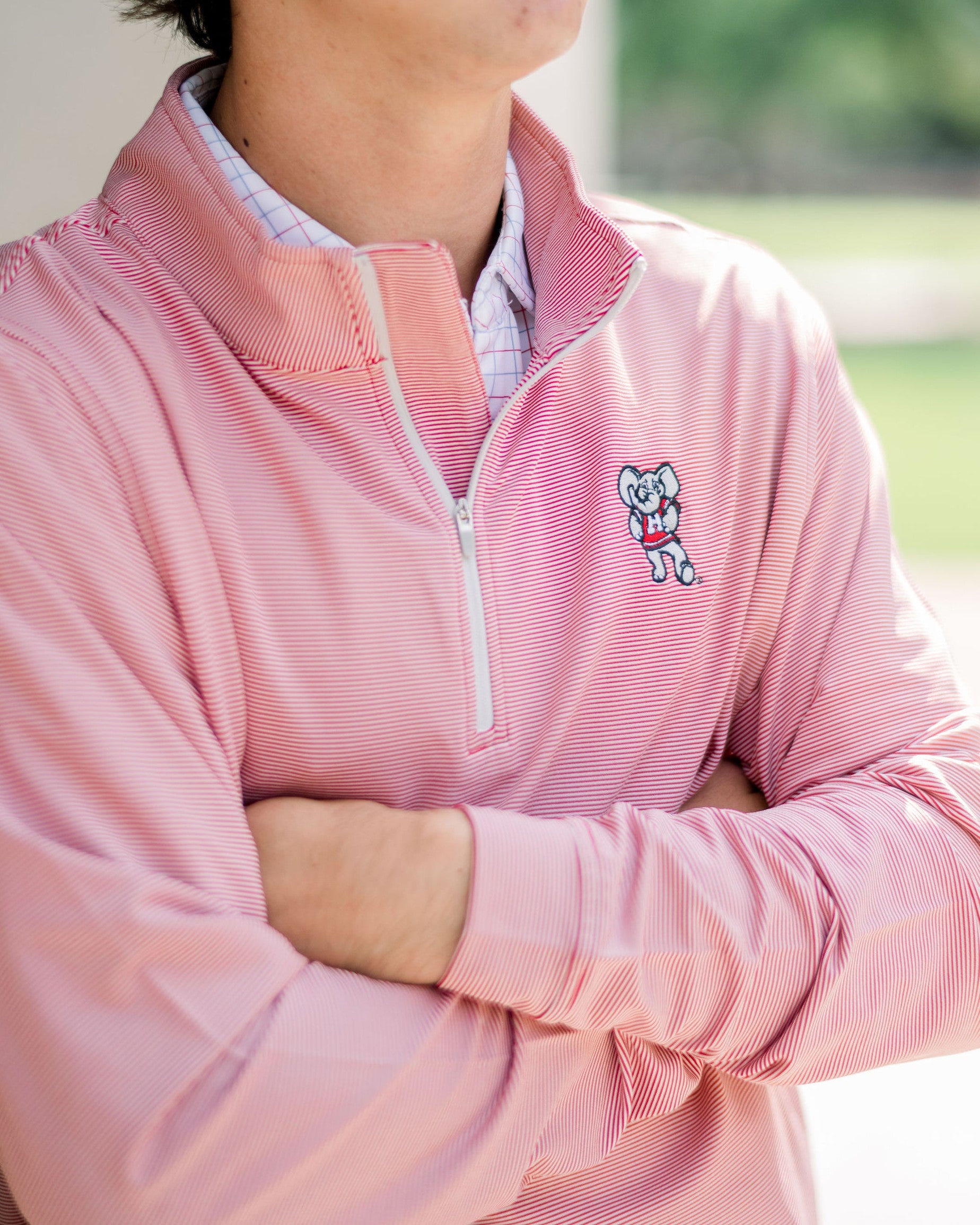 University of Alabama Men’s Crimson Stripe pullover with Big Al logo embroidery