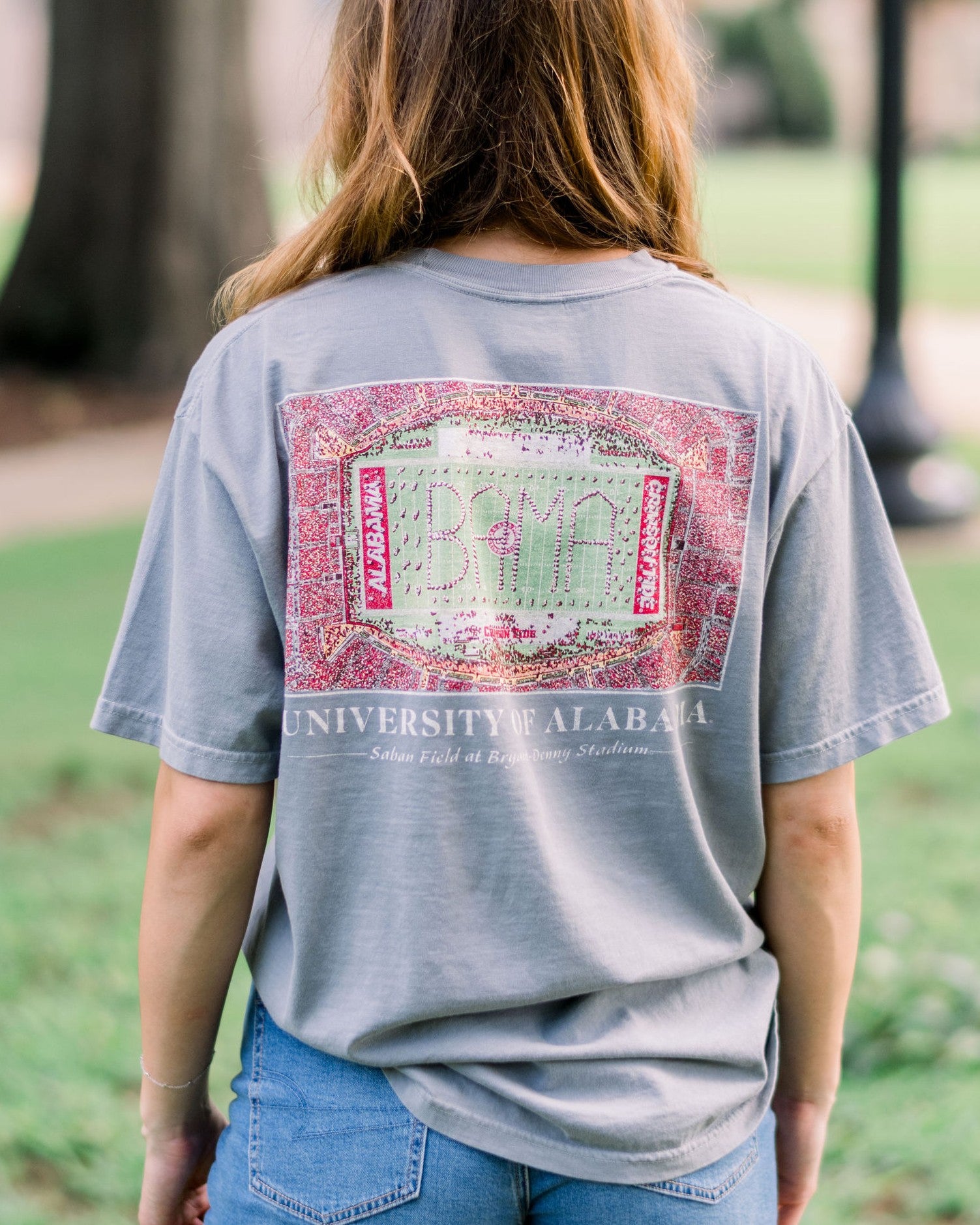 University of Alabama Granite T-Shirt with an aerial view of the Million Dollar Band performing their iconic “Big Bama Spellout”