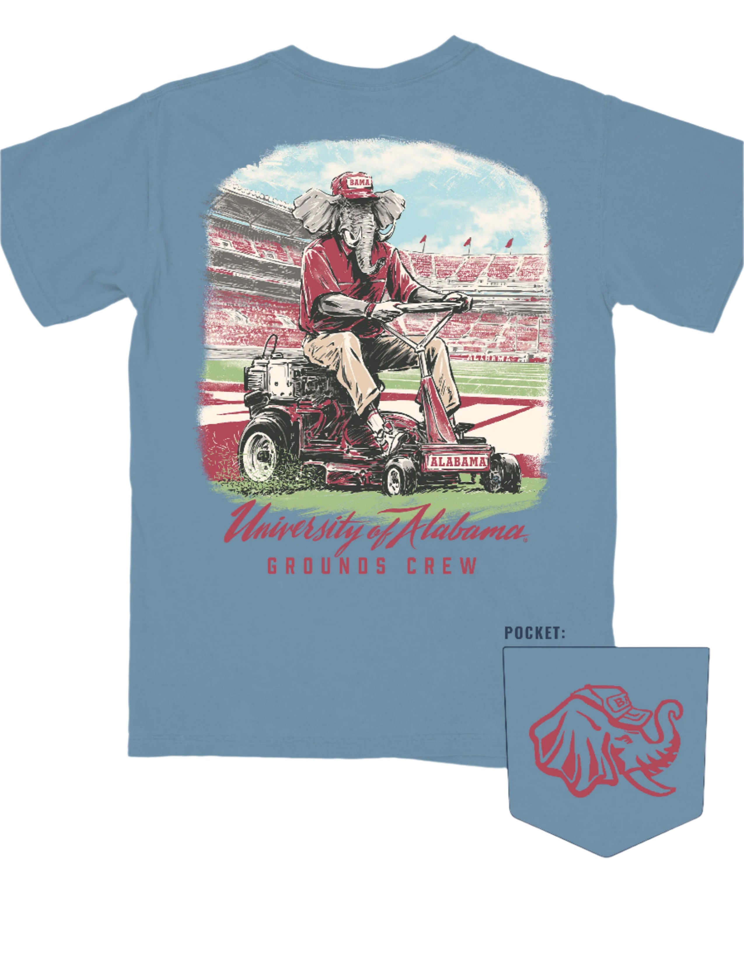 University of Alabama Blue Big Al Grounds Crew Youth T-Shirt with an image of Big Al in a polo and khakis riding a lawnmower